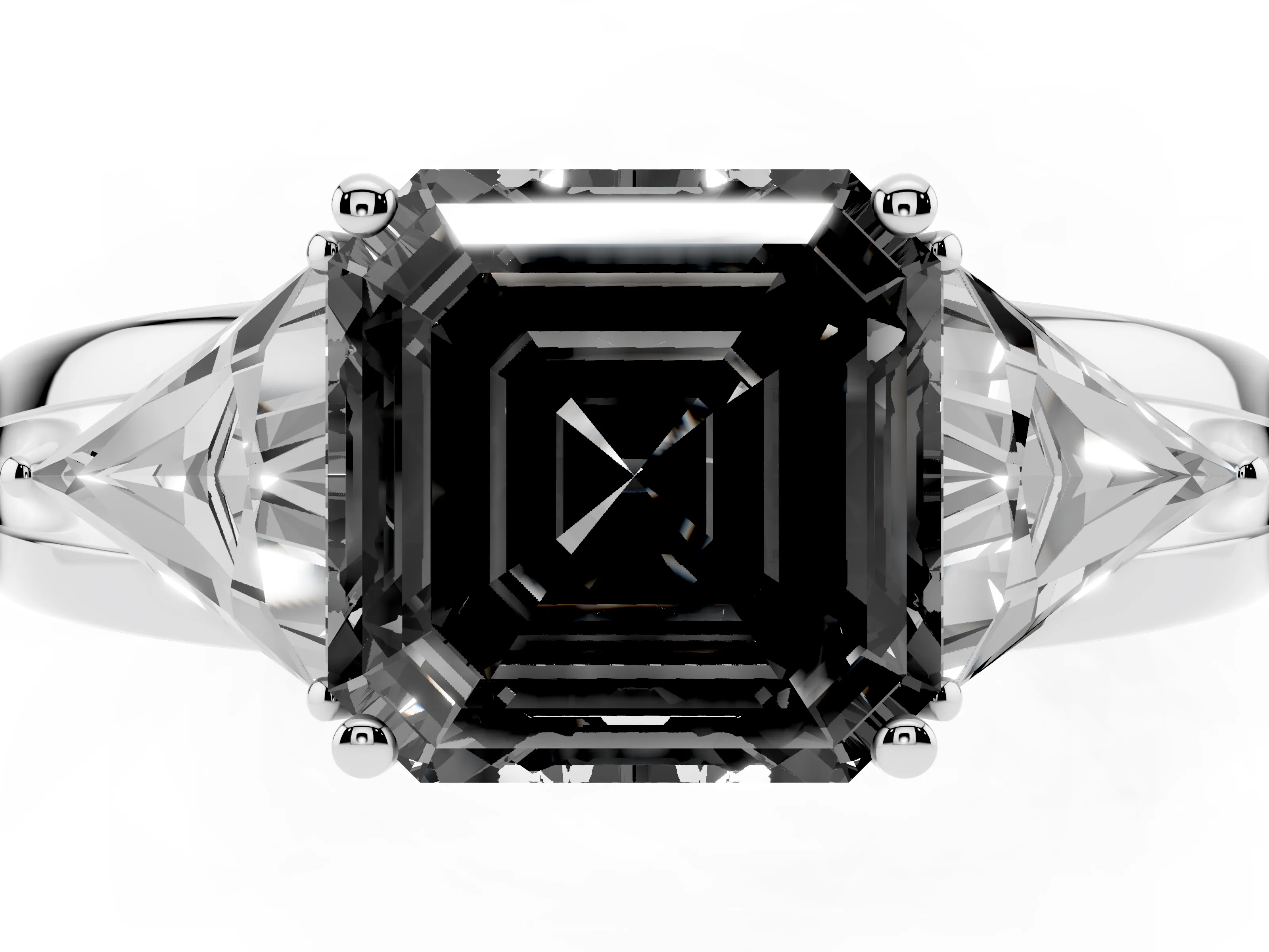 Fancy Black Asscher Cut Diamond Three-Stone Ring Set in Platinum with Trillion Side Stones and Split Shank