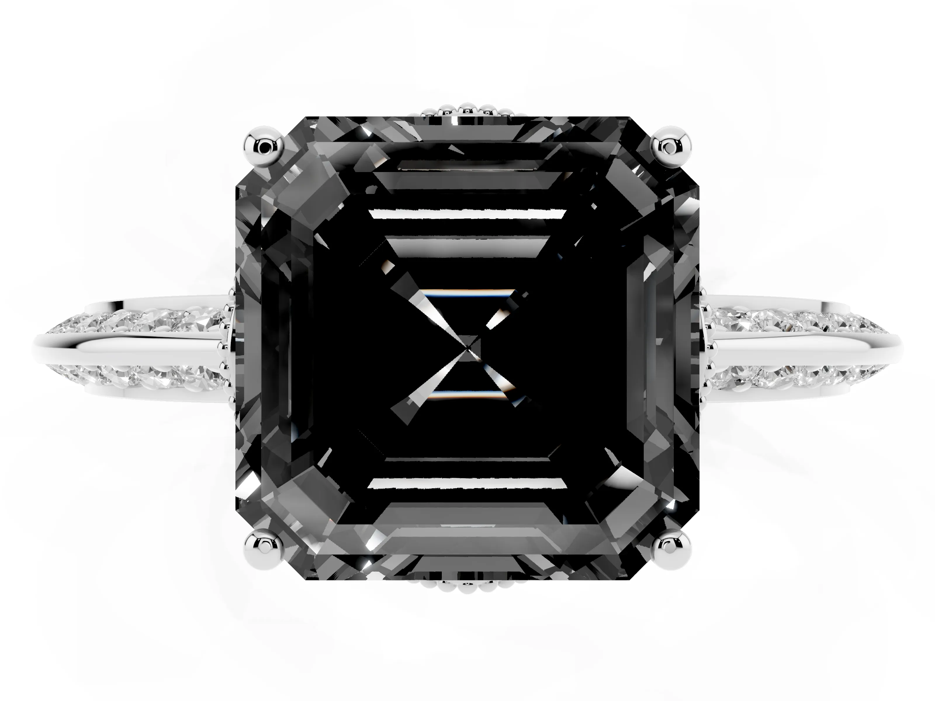 Fancy Black Asscher Cut Diamond Solitaire Engagement Ring Set in White gold with Pavé Split Shank and Prong Setting