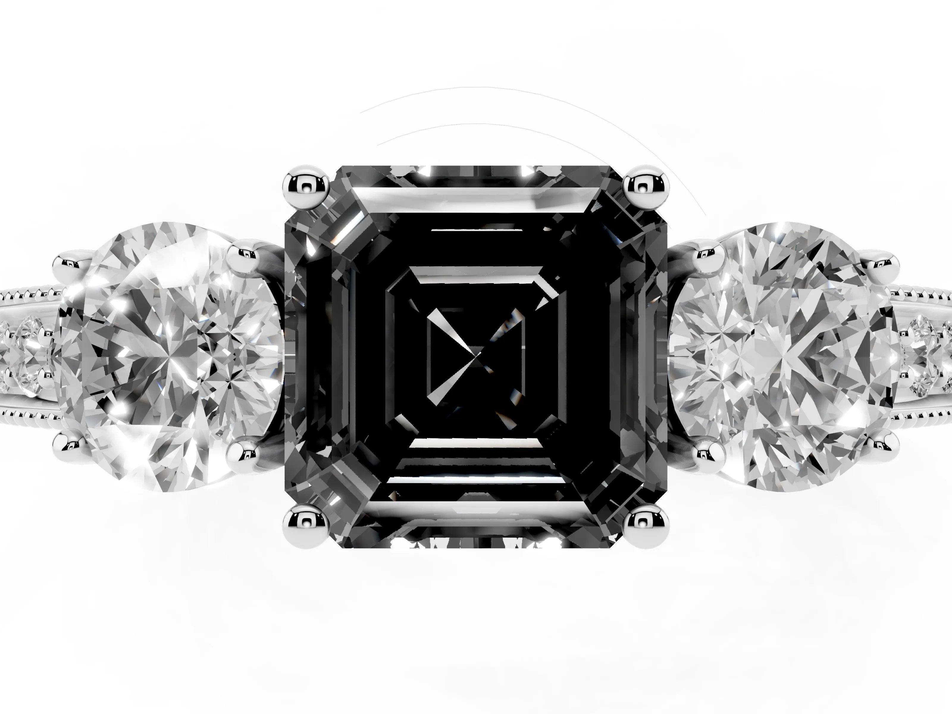 Fancy Black Asscher Cut Diamond Three-Stone Ring Set in White gold with Round Side Stones and Pavé Band
