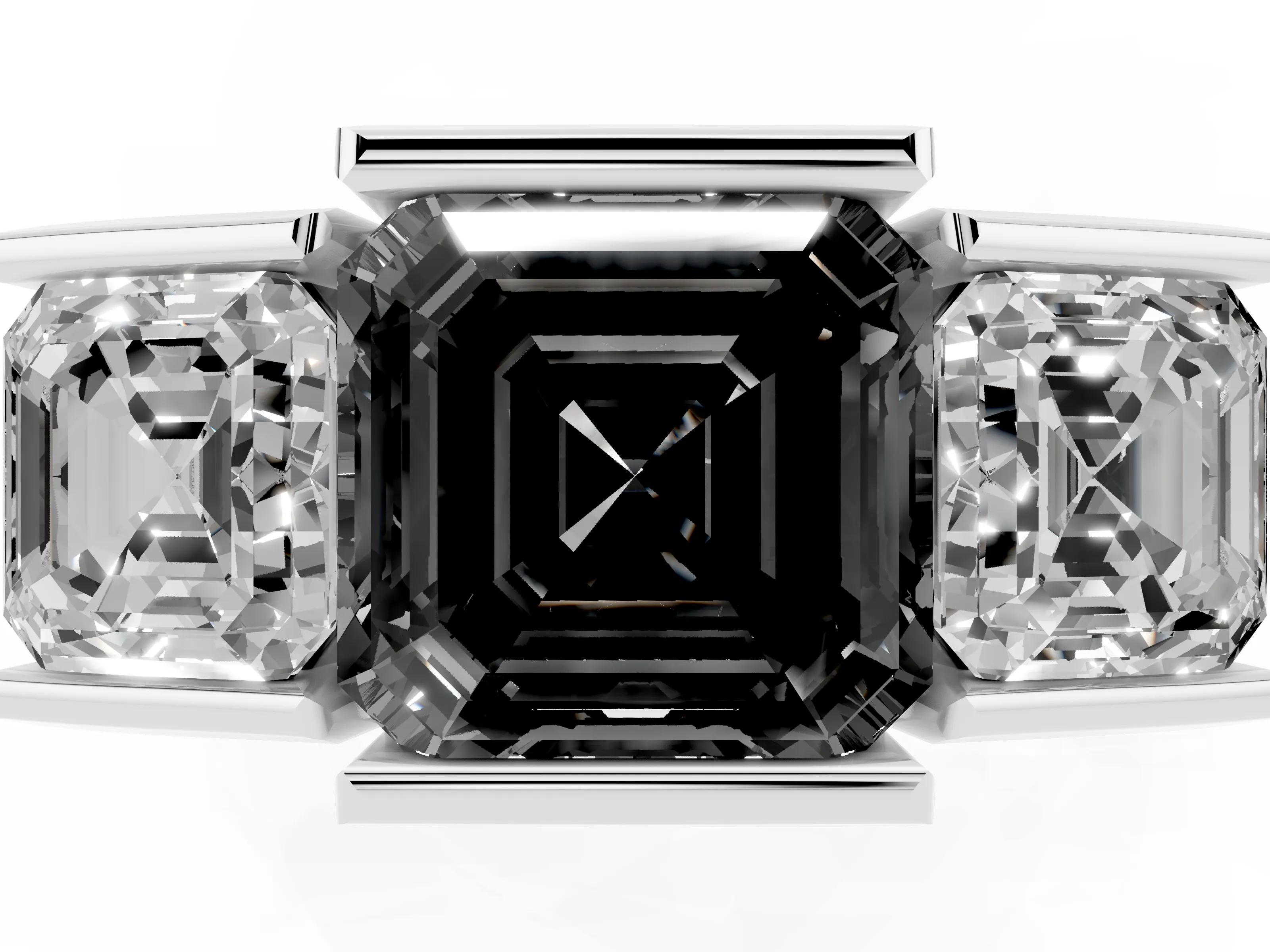 Fancy Black Asscher Cut Diamond Three-Stone Channel Set Ring Set in Silver with Smooth Polished Band