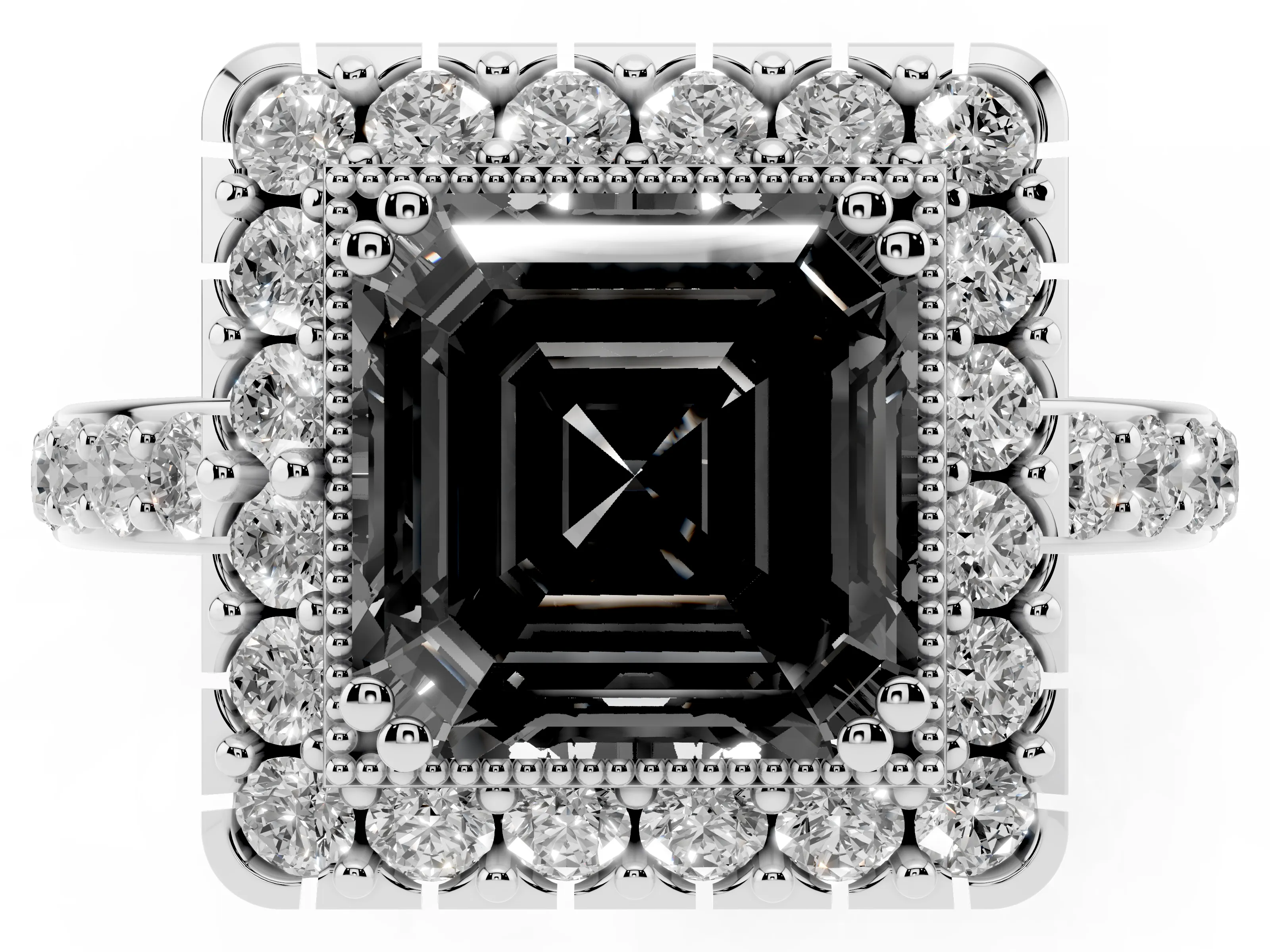 Fancy Black Asscher Cut Diamond Halo Ring Set in Silver with Pavé Shank and Prong Setting