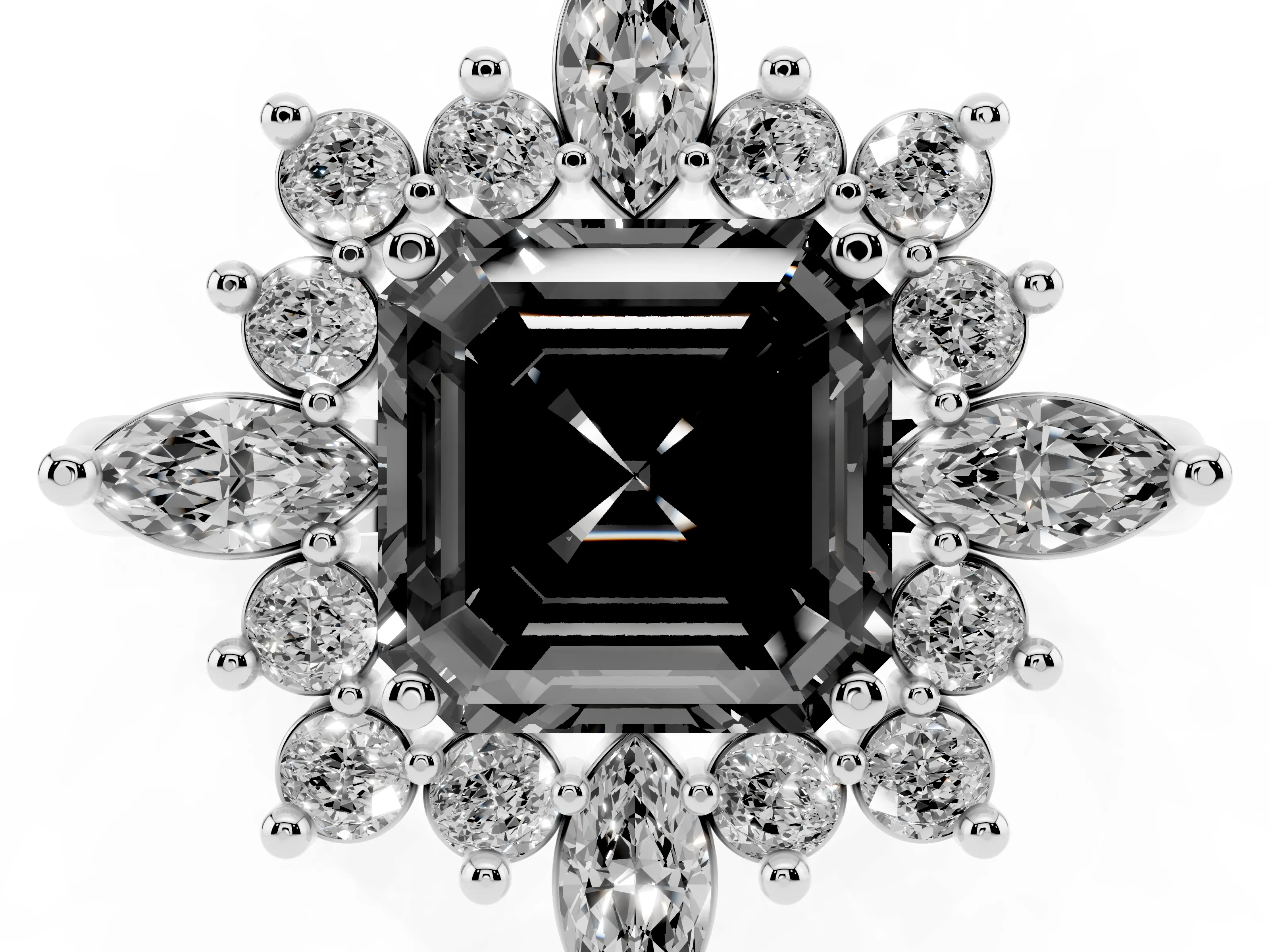 Fancy Black Asscher Cut Diamond Cluster Halo Ring Set in Silver with Marquise and Round Accents