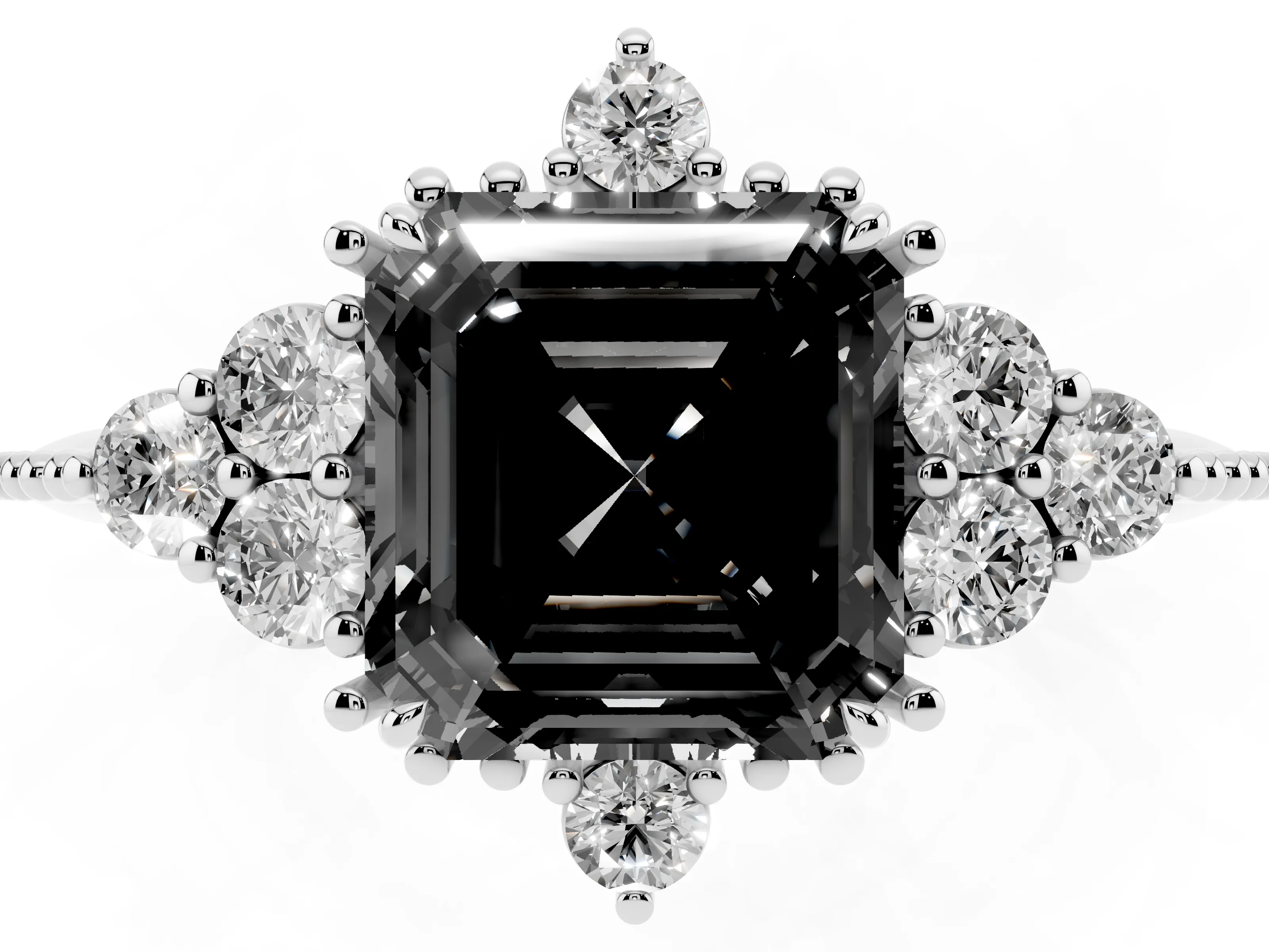 Fancy Black Asscher Cut Diamond Cluster Ring Set in Silver with Beaded Band