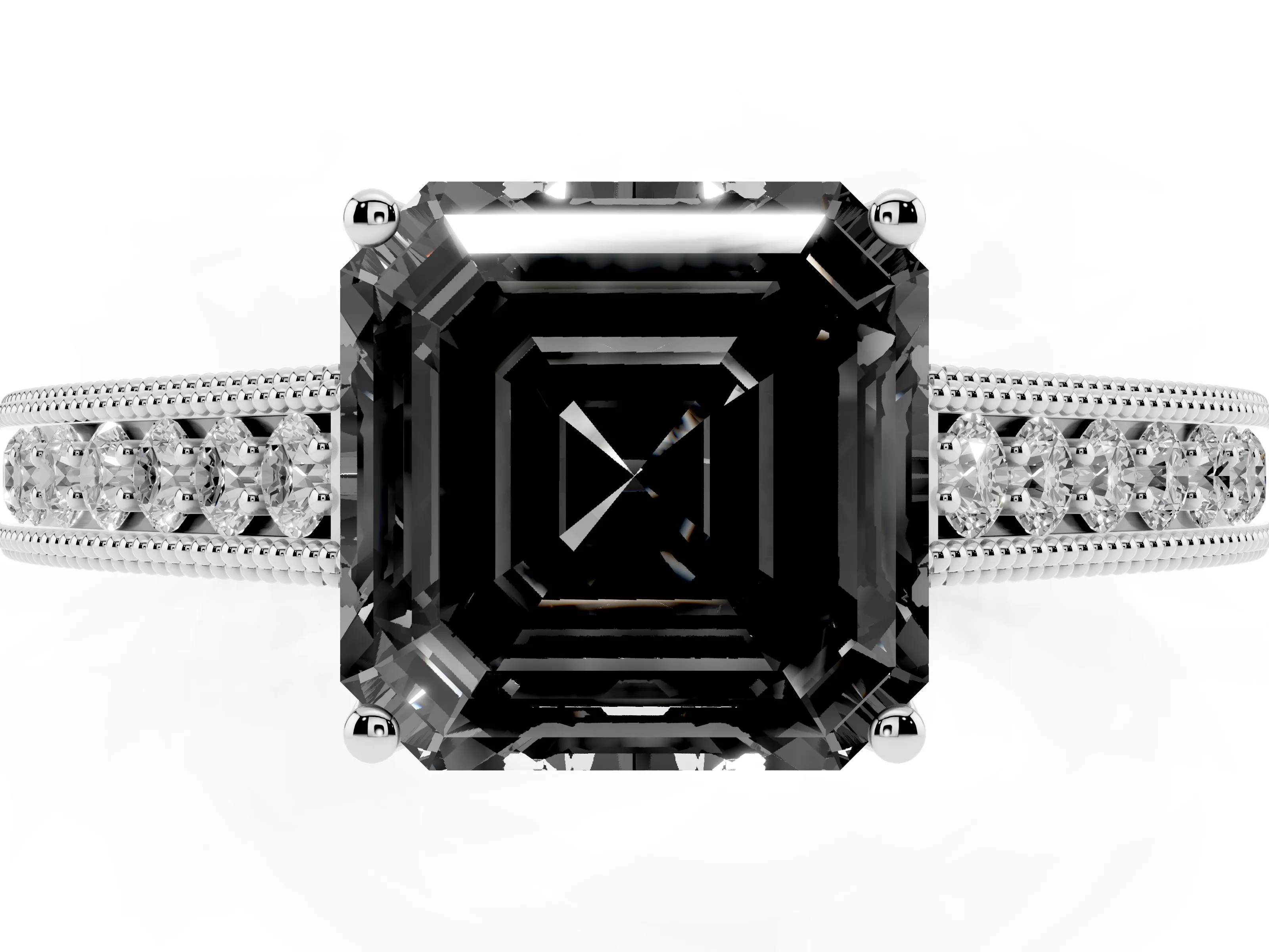 Fancy Black Asscher Cut Diamond Milgrain Pavé Band Solitaire Ring Set in Platinum with Prong Setting