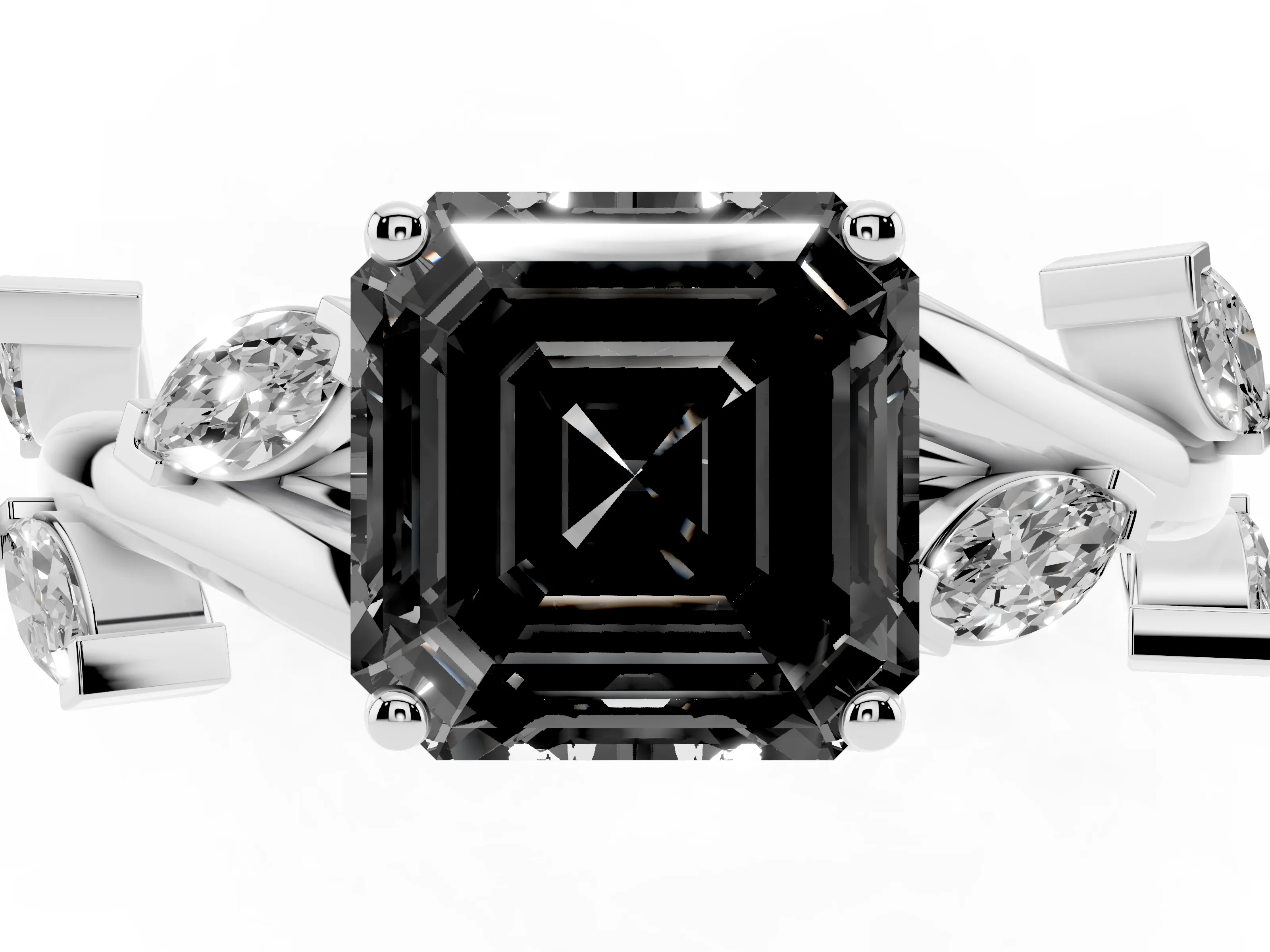 Fancy Black Asscher Cut Diamond Solitaire Ring Set in White gold with Twisted Marquise Accent Band
