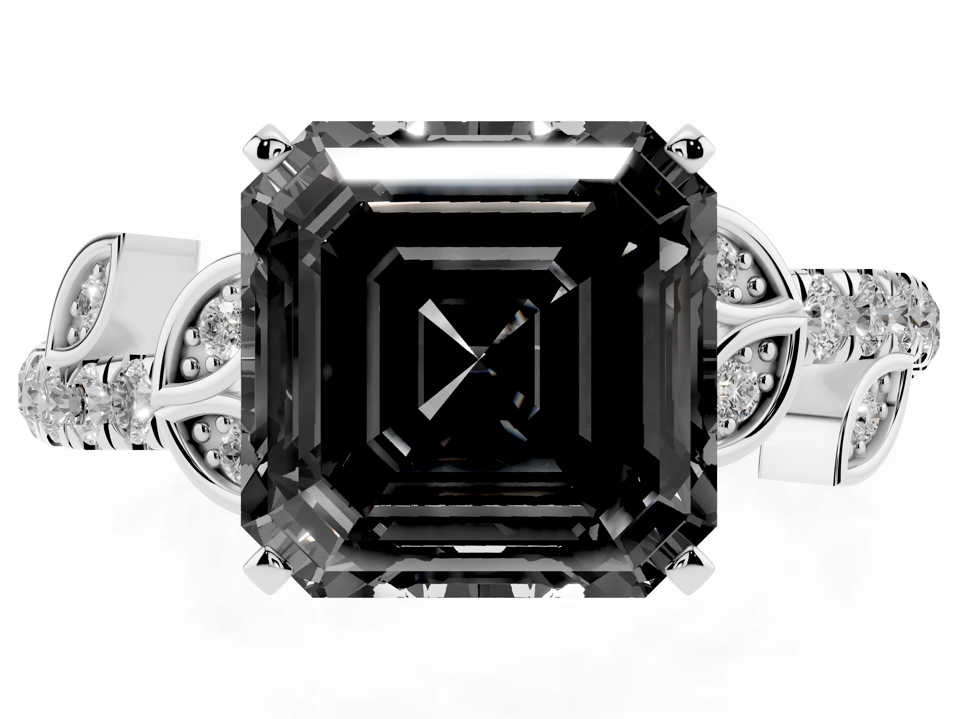 Fancy Black Asscher Cut Diamond Solitaire Leaf-Inspired Ring Set in White gold with Pavé Band and Prong Setting
