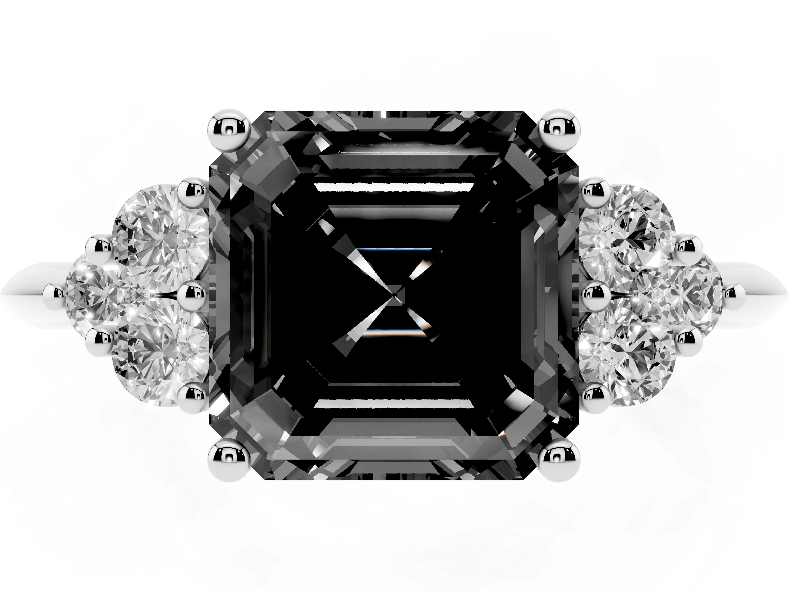 Fancy Black Asscher Cut Diamond Cluster Ring Set in White gold with Plain Band and Prong Setting