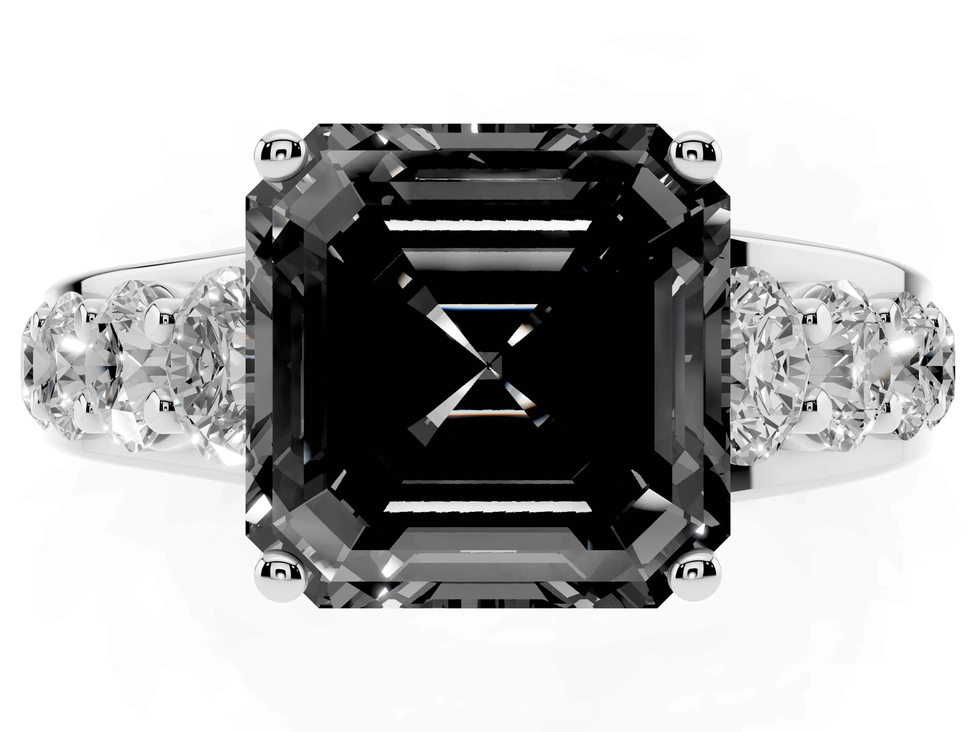 Fancy Black Asscher Cut Diamond Pavé Engagement Ring Set in Silver with Prong Setting