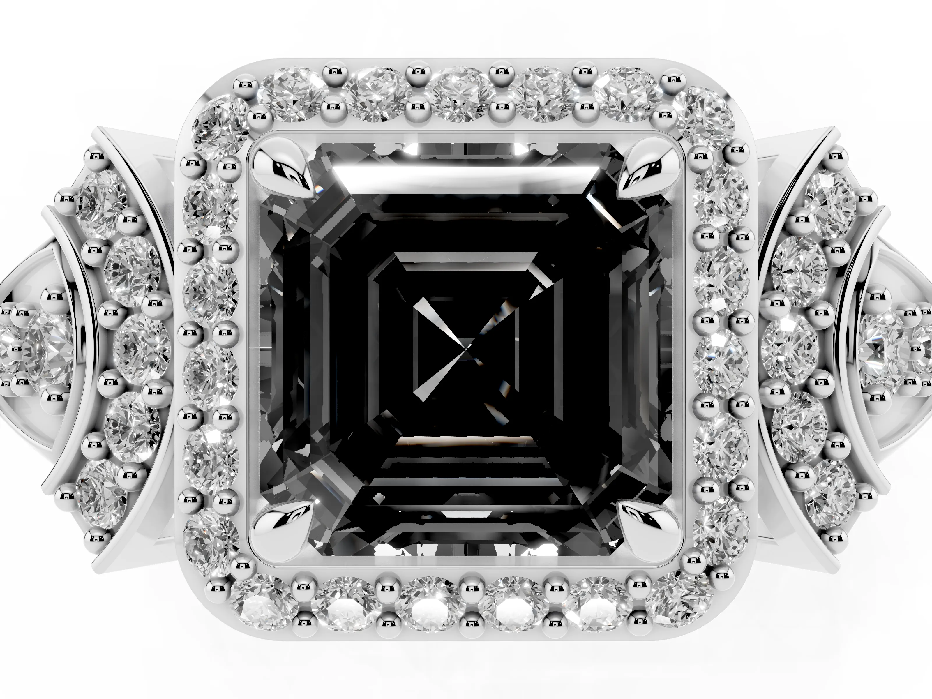 Fancy Black Asscher Cut Diamond Halo Engagement Ring Set in White gold with Accent Stone Split Shank