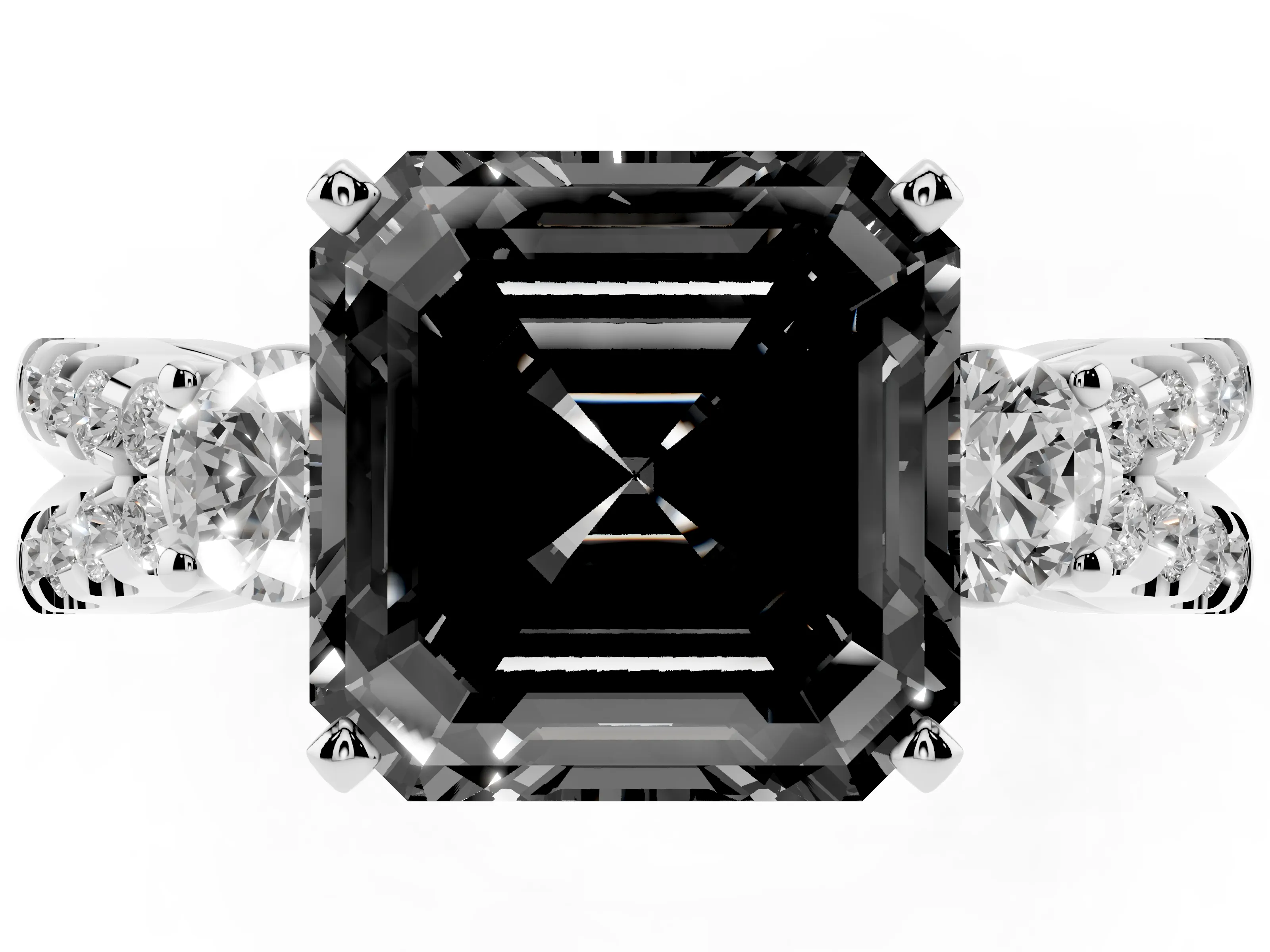Fancy Black Asscher Cut Diamond Three-Stone Ring Set in Platinum with Pavé Split Shank and Prong Setting