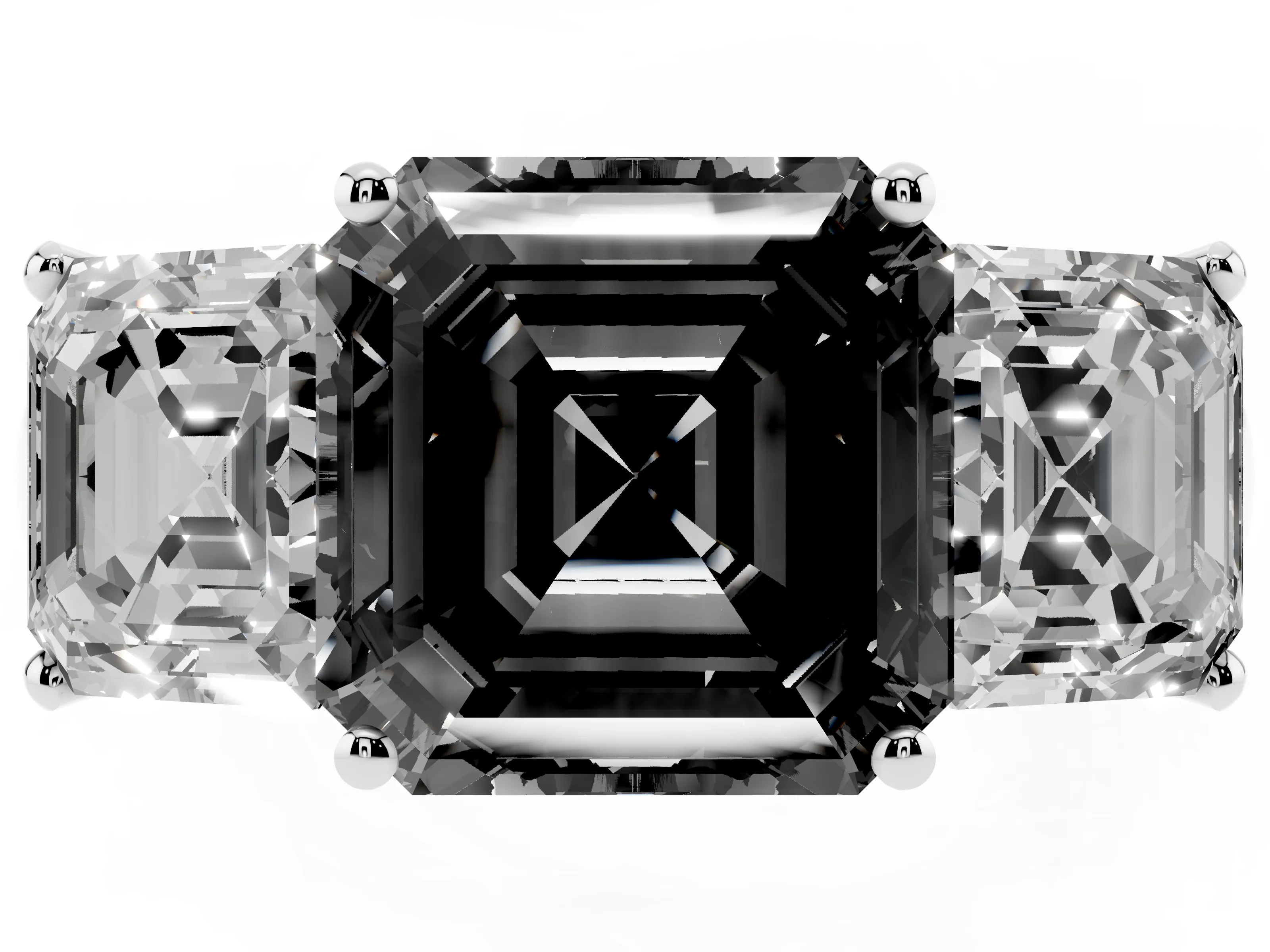 Fancy Black Asscher Cut Diamond Three-Stone Ring Set in Silver with Classic Prong Setting and Plain Band