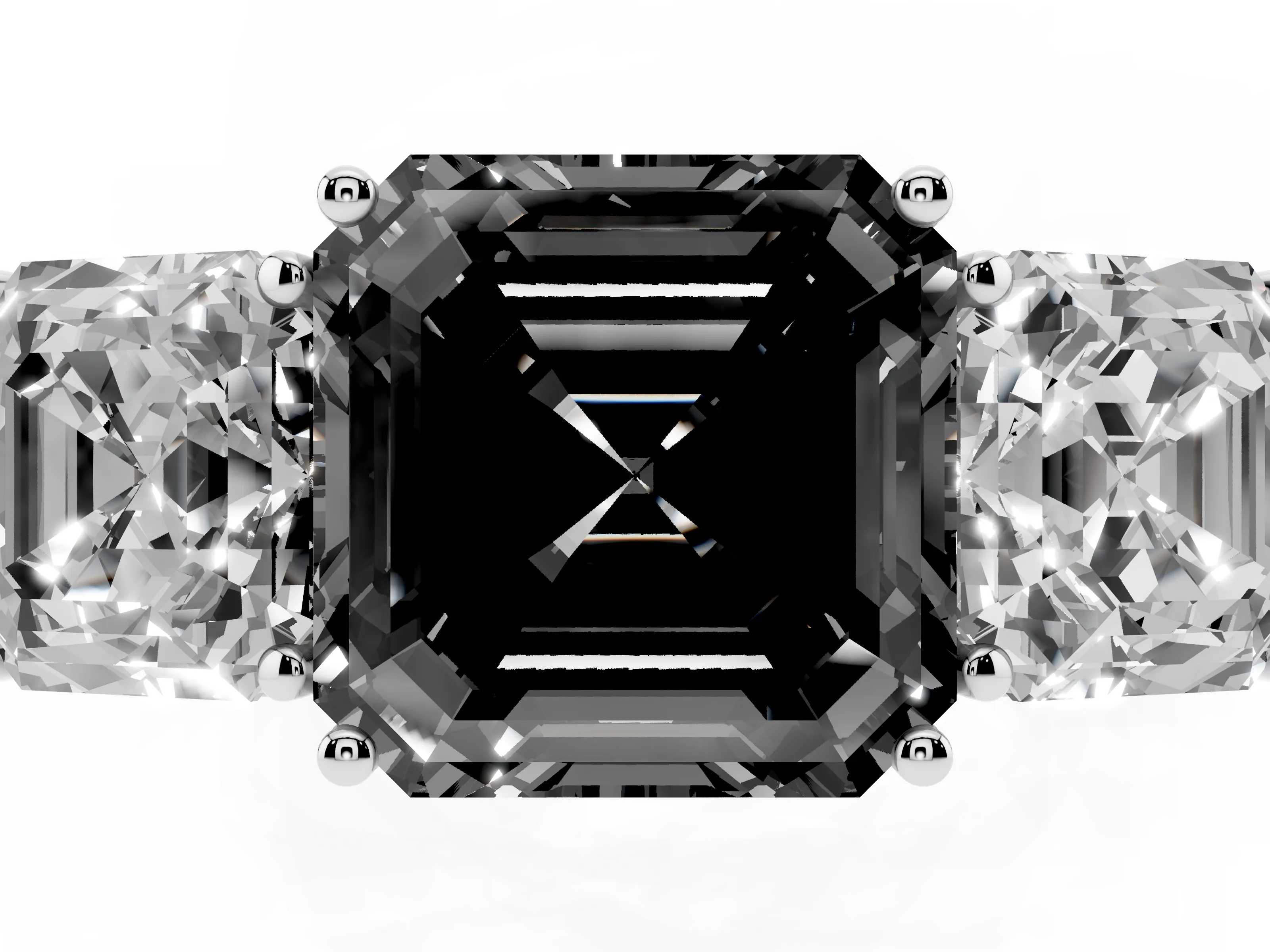 Fancy Black Asscher Cut Diamond Three-Stone Ring Set in White gold with Textured Band