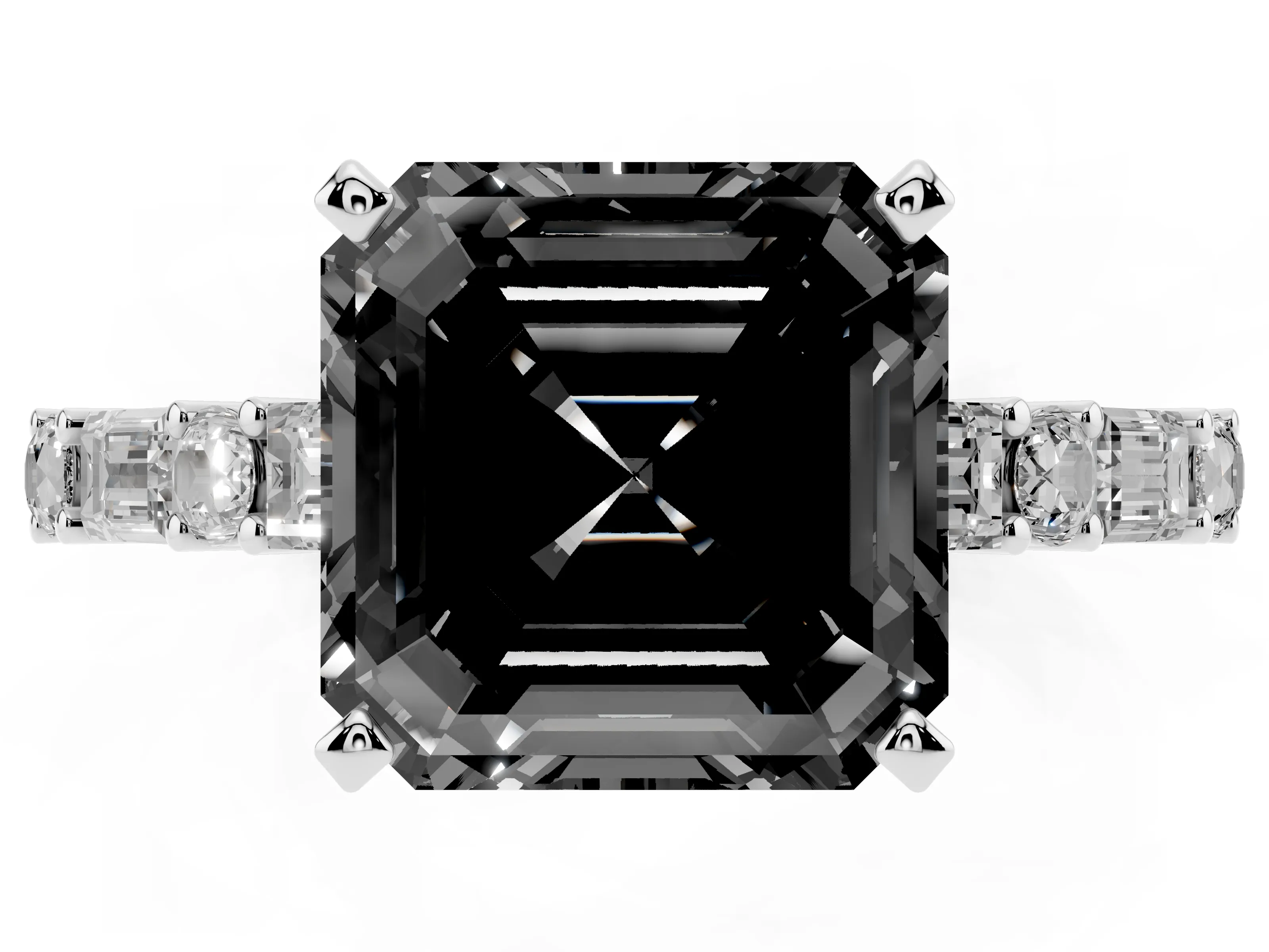 Fancy Black Asscher Cut Diamond Solitaire Set in Silver with Side Baguettes and Channel Set Band