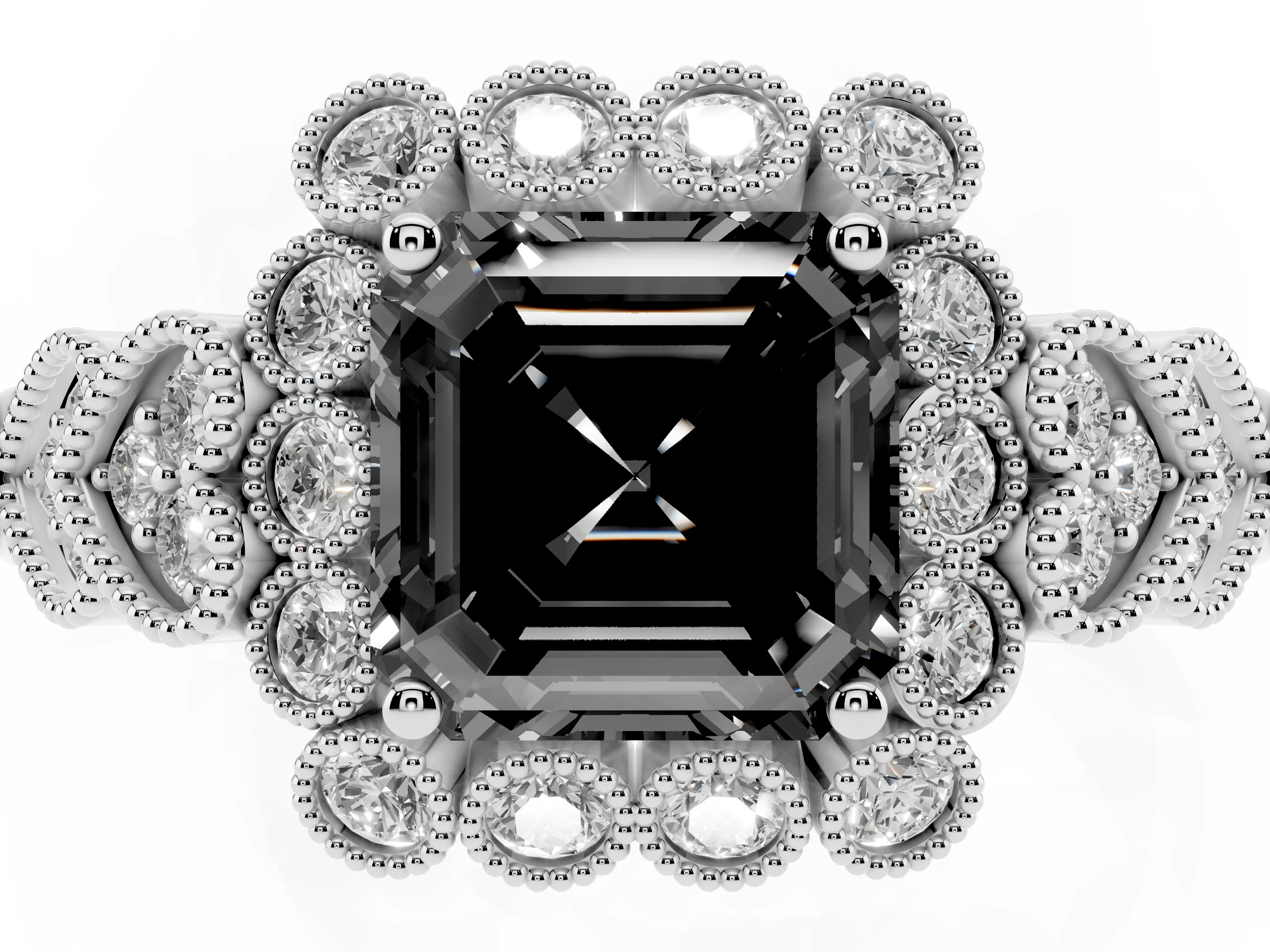 Fancy Black Asscher Cut Diamond Solitaire Ring Set in Platinum with Milgrain Pavé Heart Band