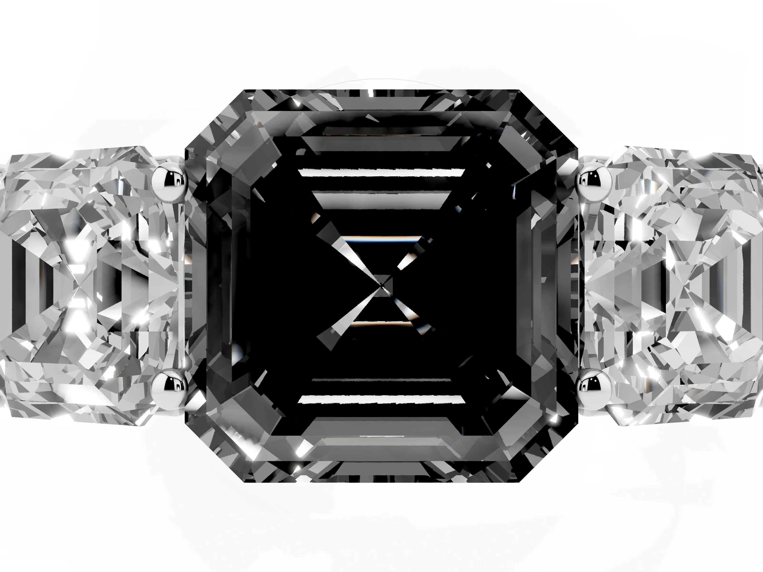 Fancy Black Asscher Cut Diamond Three-Stone Ring Set in White gold with Plain Polished Band