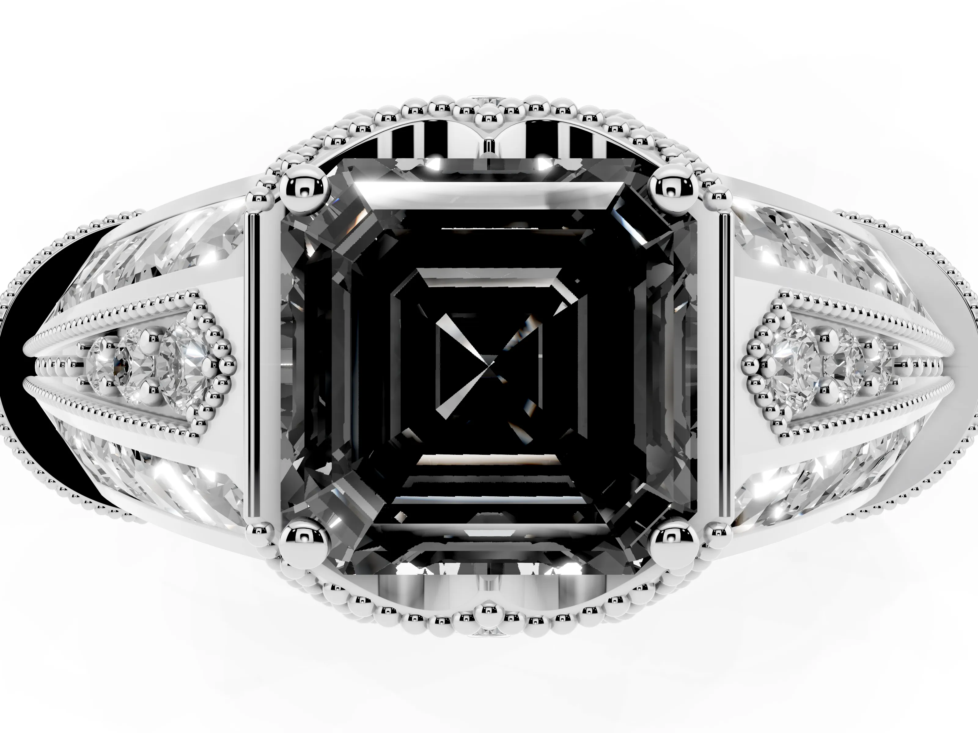 Fancy Black Asscher Cut Diamond Vintage-Inspired Milgrain Ring Set in Platinum with Accent Split Shank