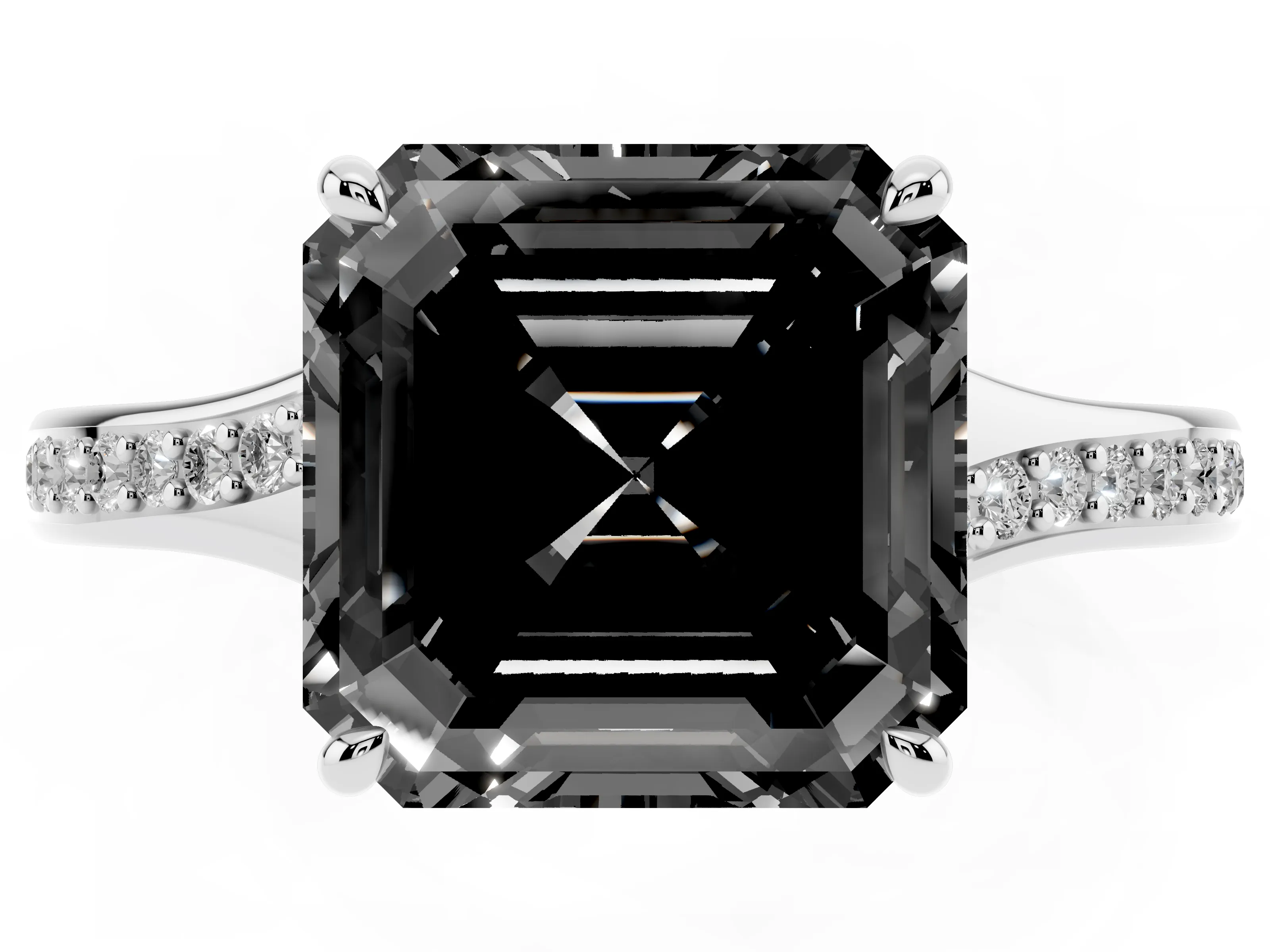 Fancy Black Asscher Cut Diamond Solitaire Ring Set in White gold with Pavé Accent Band and Classic Prong Setting