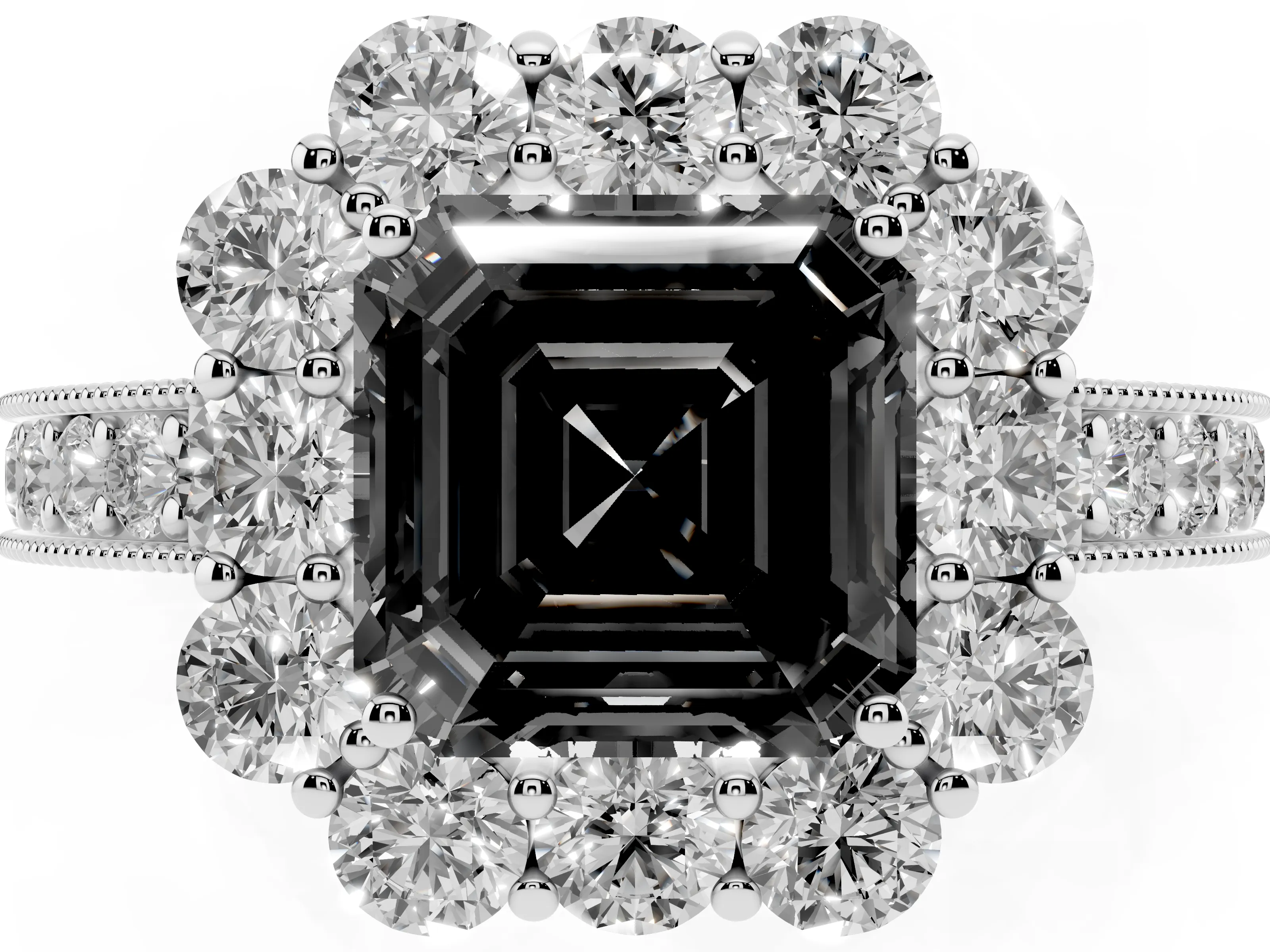 Fancy Black Asscher Cut Diamond Halo Pavé Engagement Ring Set in Platinum with Milgrain Detailing