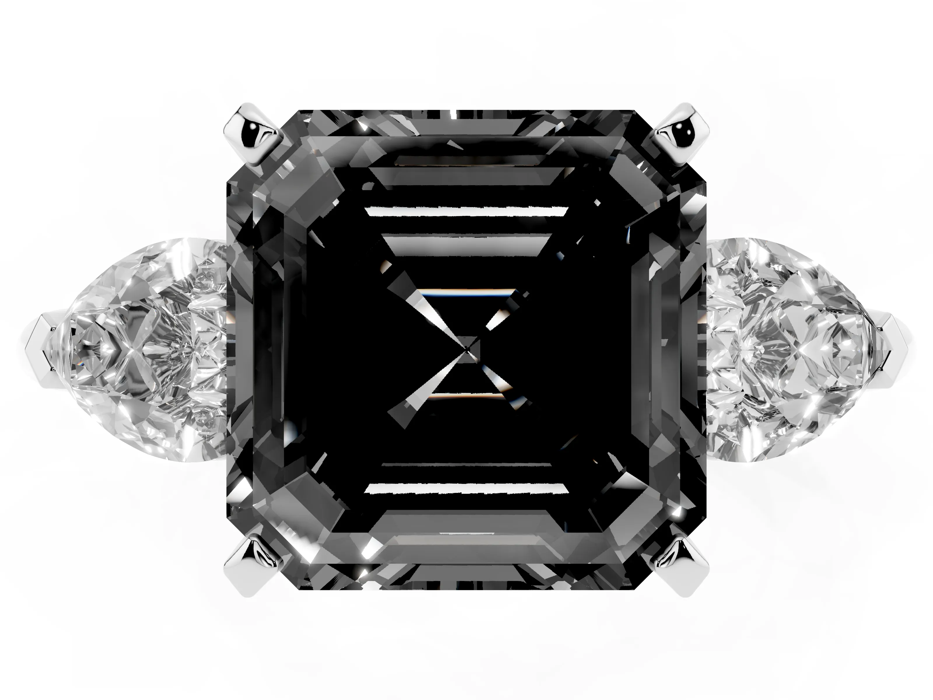 Fancy Black Three-Stone Asscher Cut Diamond Ring Set in Platinum with Pear Side Stones and Prong Setting