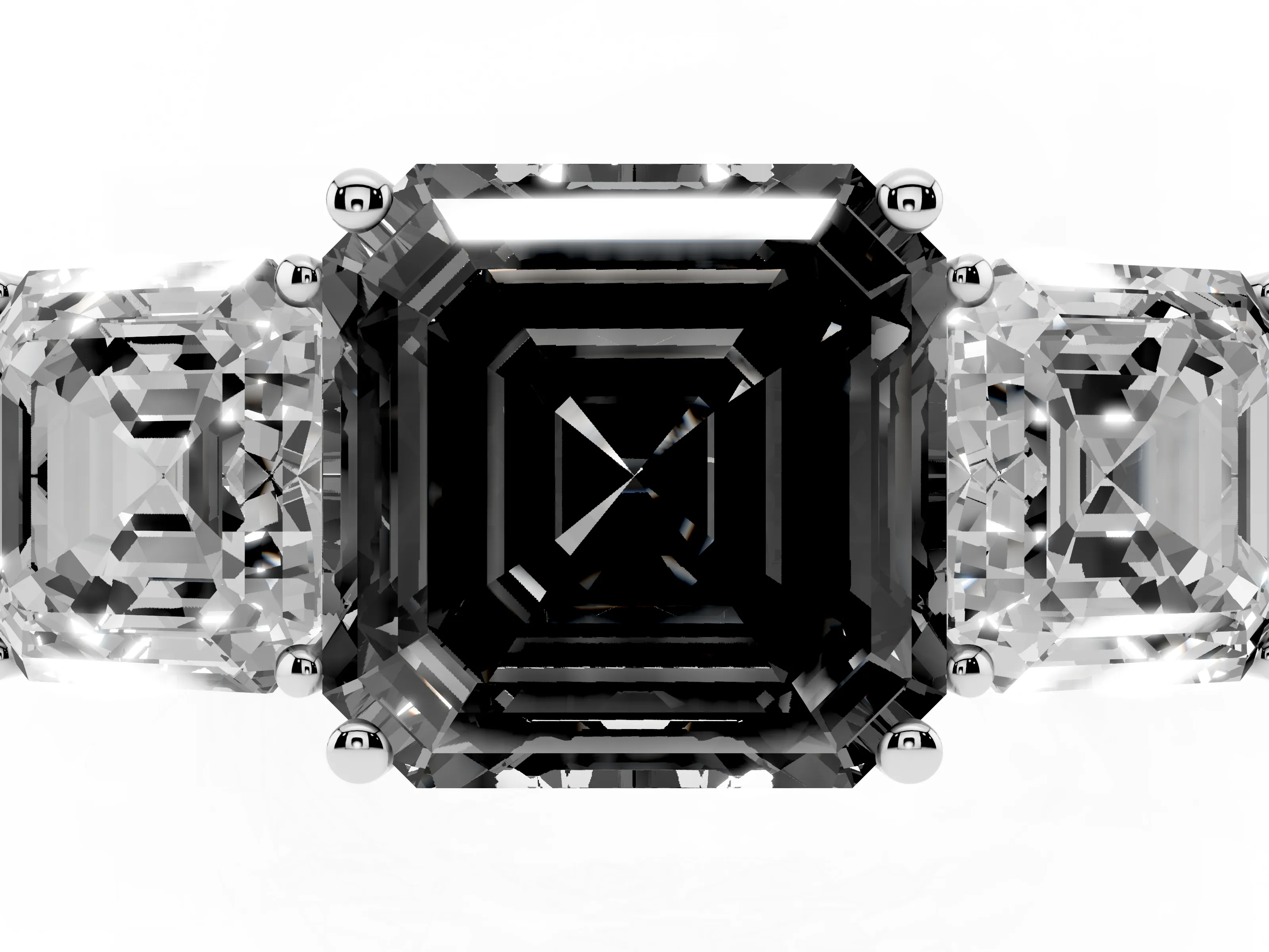 Fancy Black Asscher Cut Diamond Three-Stone Engagement Ring Set in White gold with Flat Band