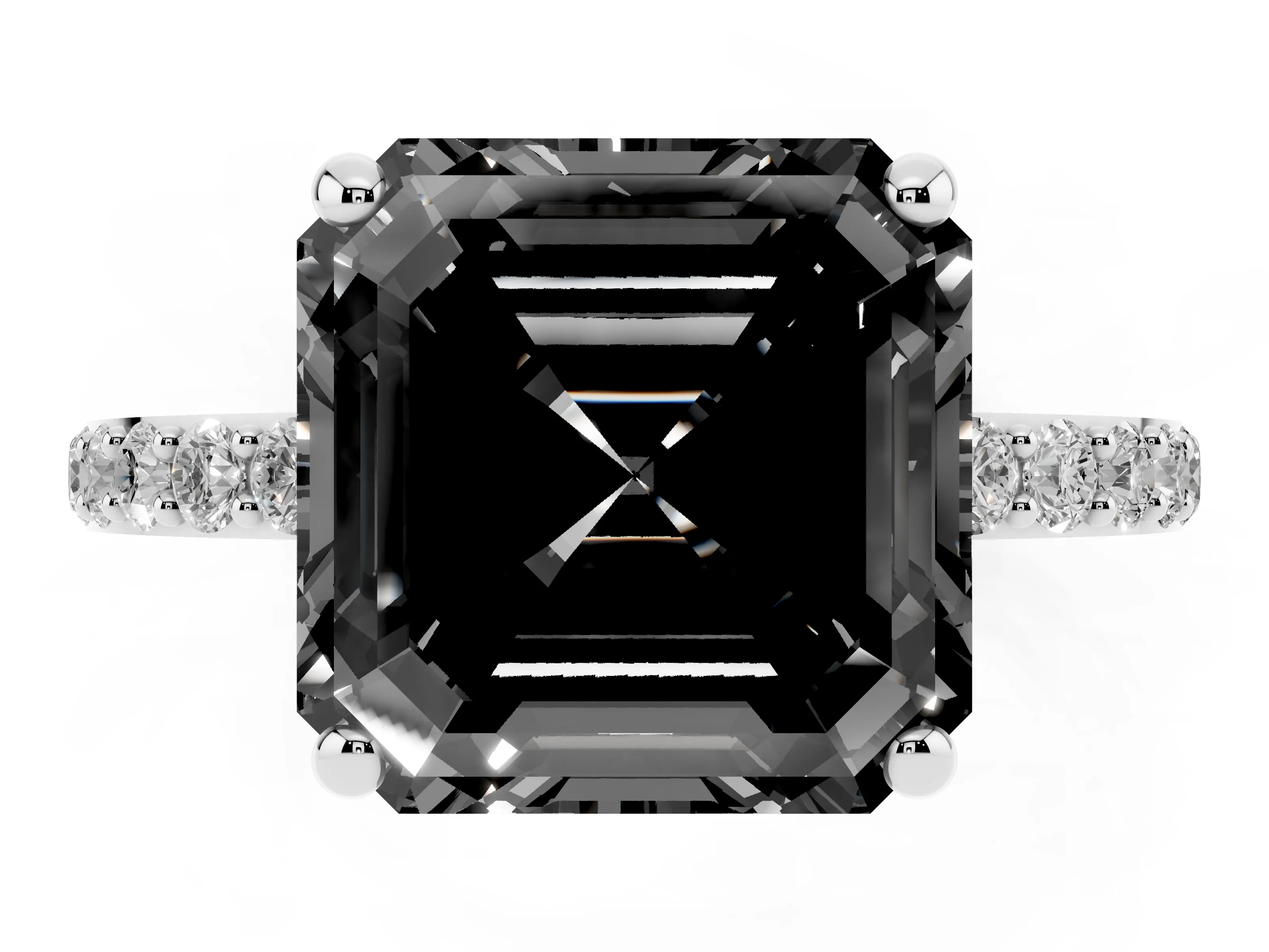 Fancy Black Asscher Cut Diamond Solitaire Ring Set in Platinum with Round Pavé Band and Prong Setting