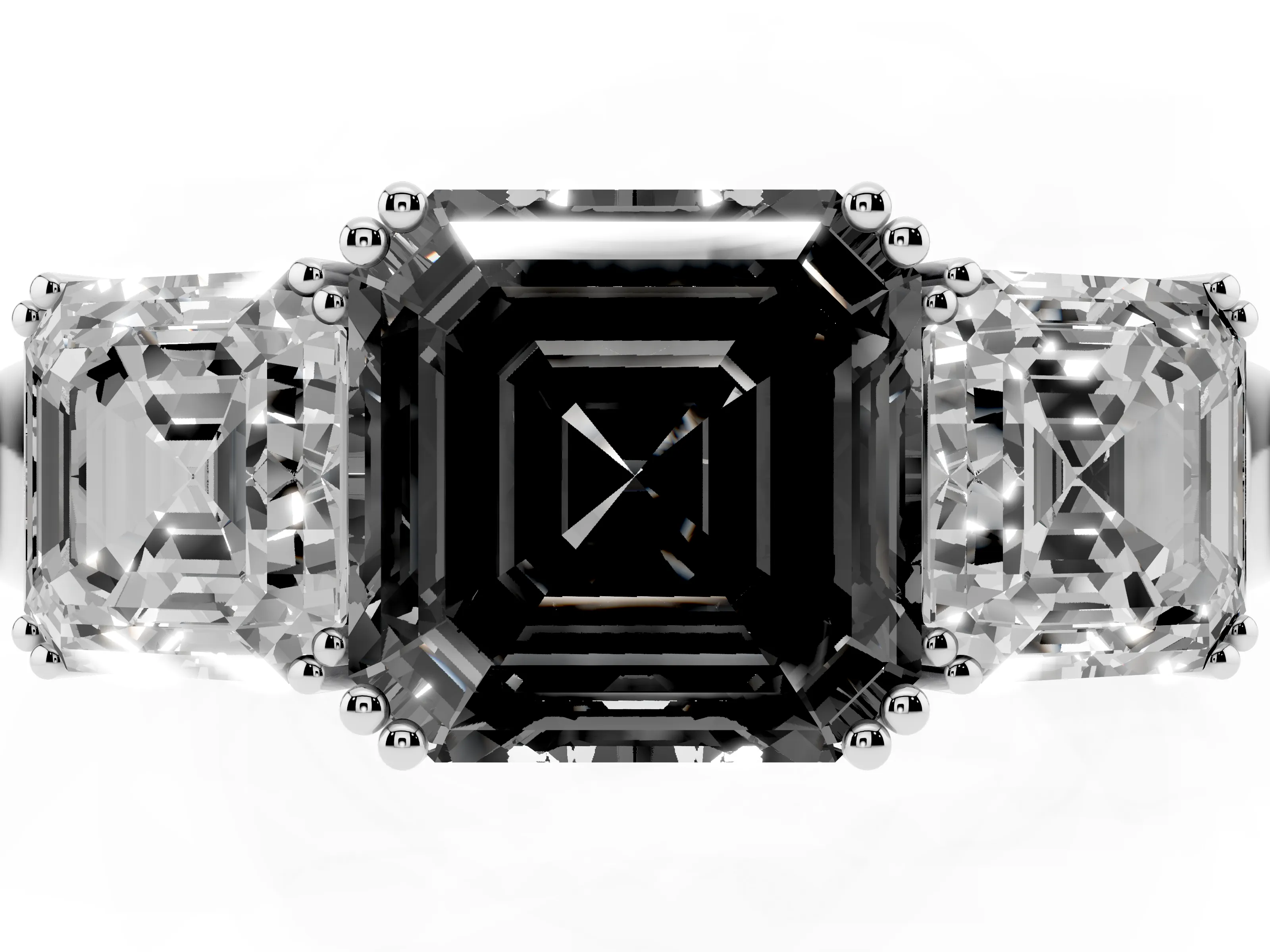 Fancy Black Asscher Cut Diamond Three-Stone Ring Set in Silver with Polished Band and Prong Setting