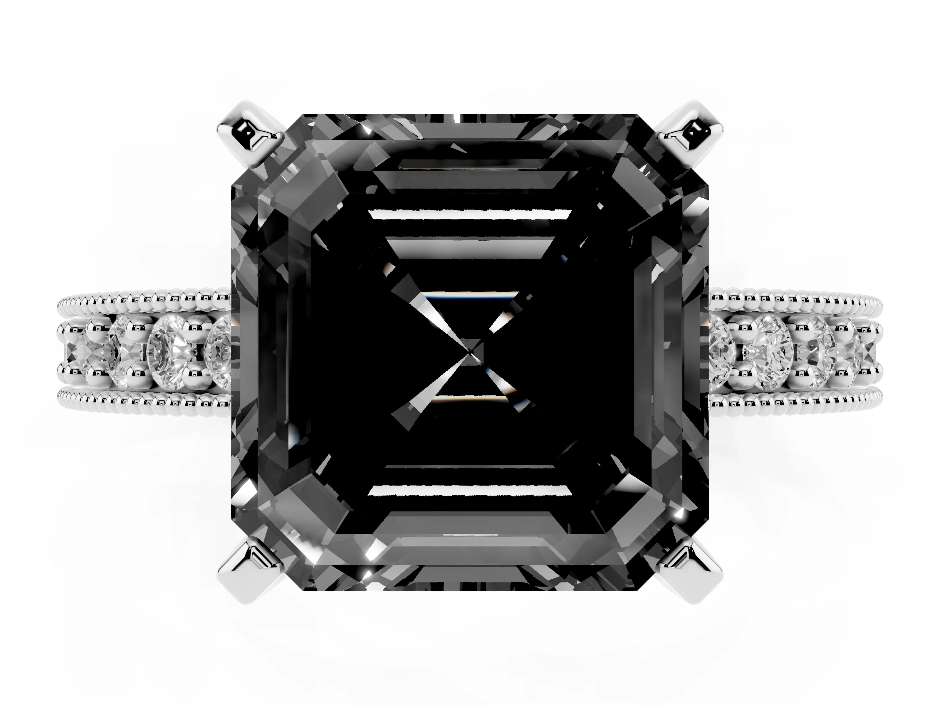 Fancy Black Asscher Cut Diamond Milgrain Pavé Engagement Ring Set in Platinum with Prong Setting