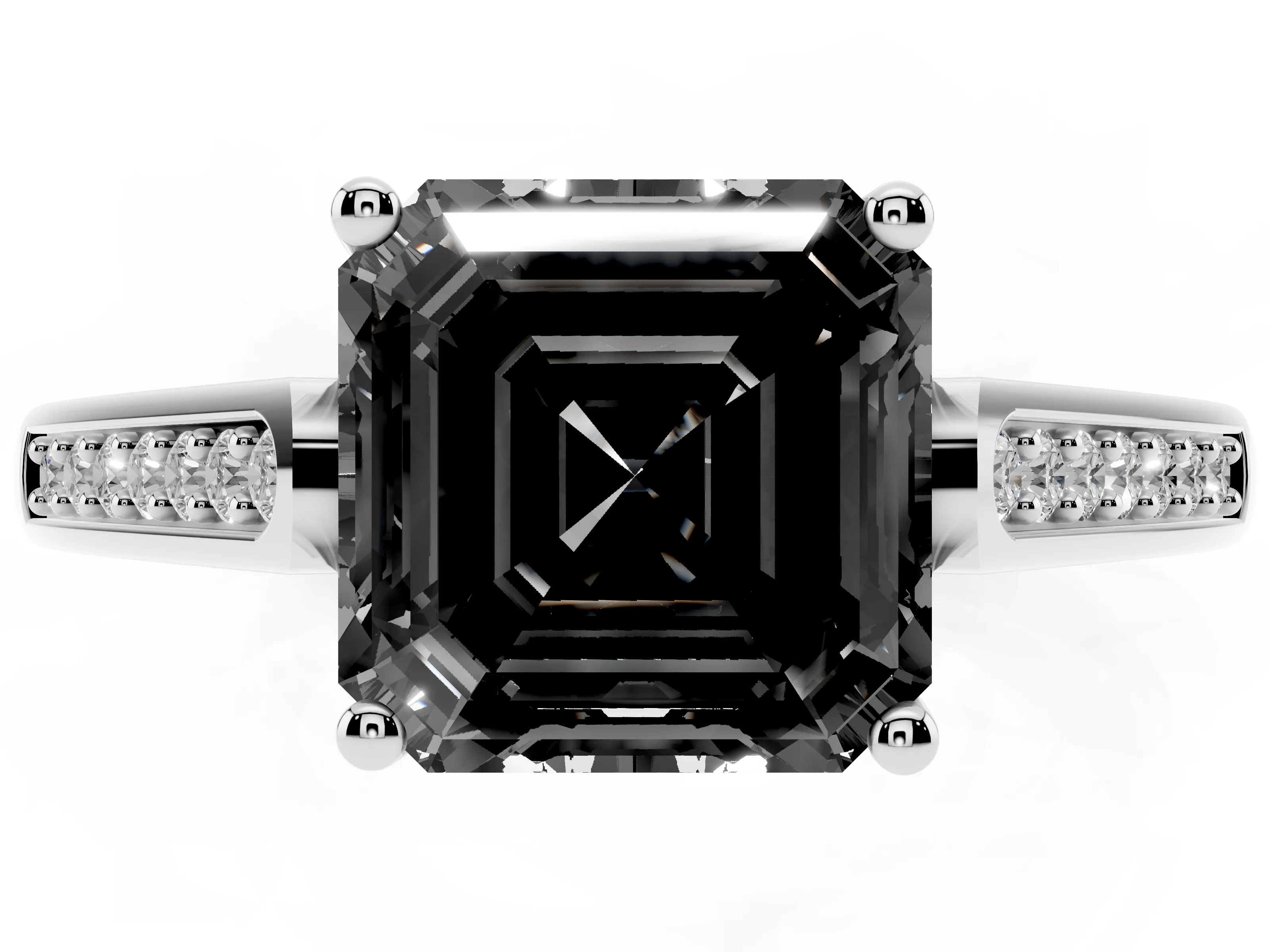 Fancy Black Asscher Cut Diamond Solitaire Cathedral Engagement Ring Set in White gold with Channel-Set Band and Prong Setting