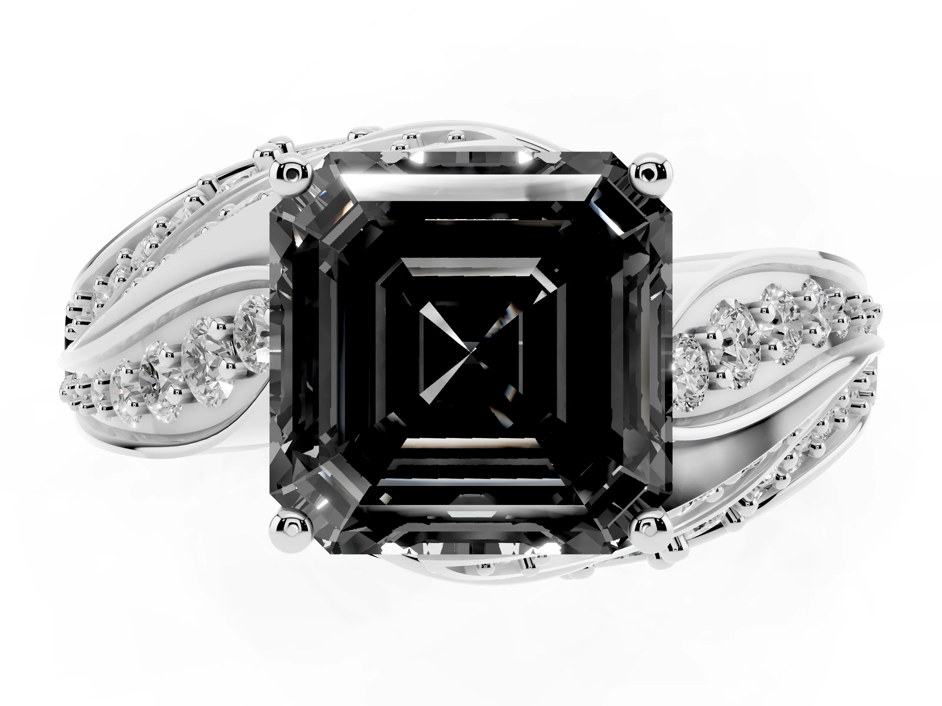 Fancy Black Asscher Cut Diamond Solitaire Ring Set in Silver with Layered Twist Pavé Band