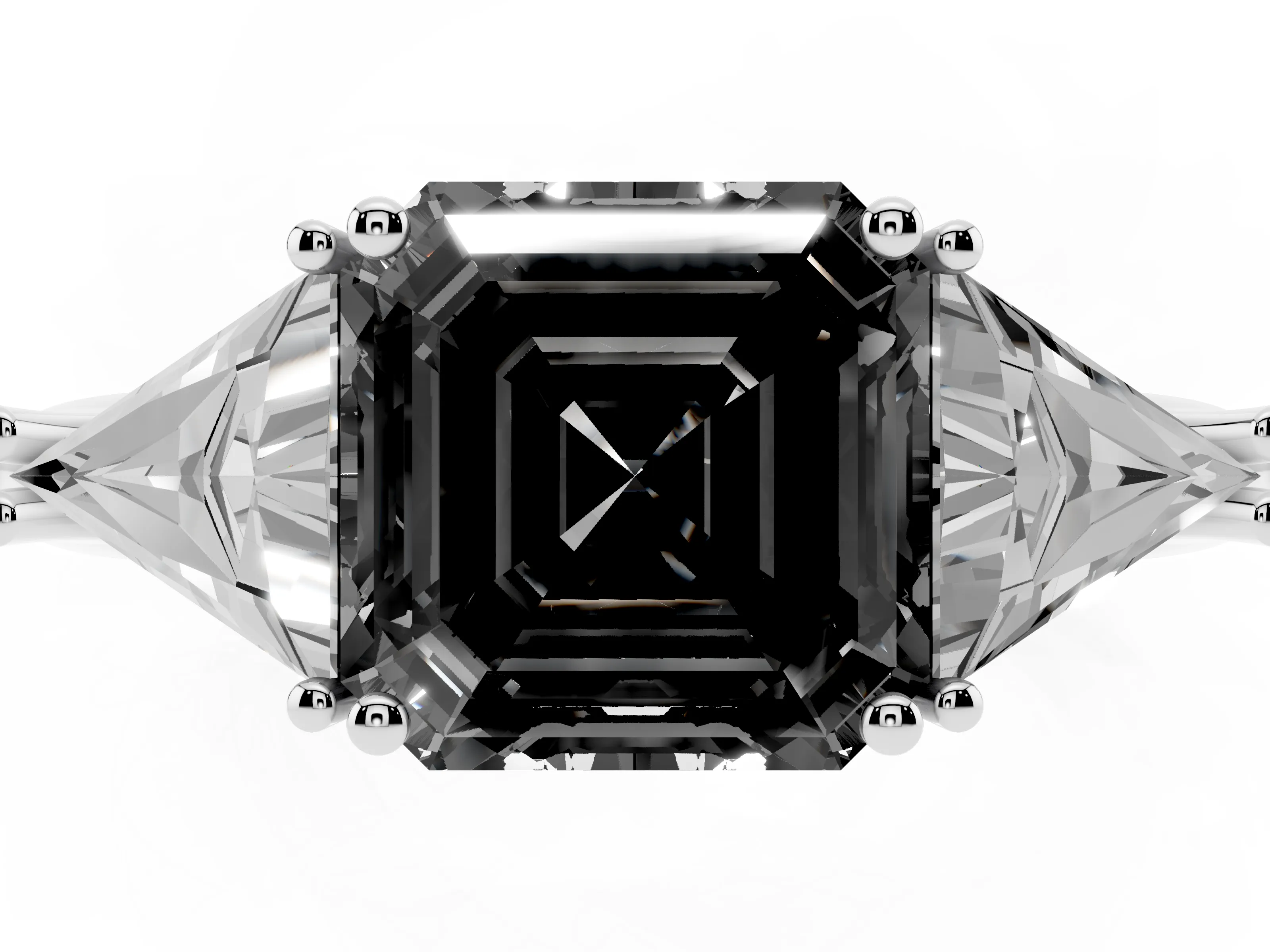 Fancy Black Asscher Cut Diamond Three-Stone Engagement Ring Set in Platinum with Trillion Side Stones
