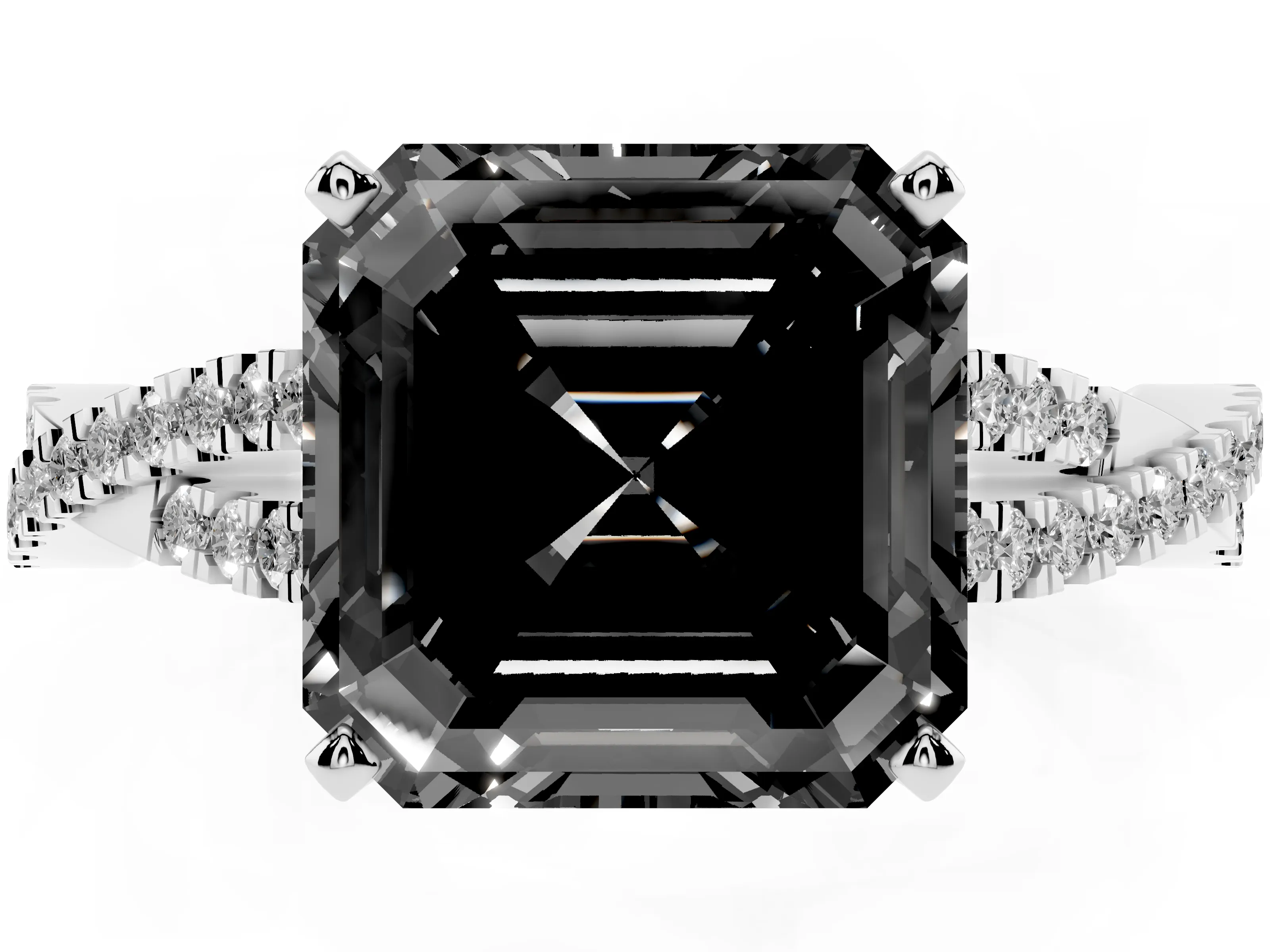 Fancy Black Asscher Cut Diamond Solitaire Engagement Ring Set in White gold with Twisted Pavé Band and Prong Setting