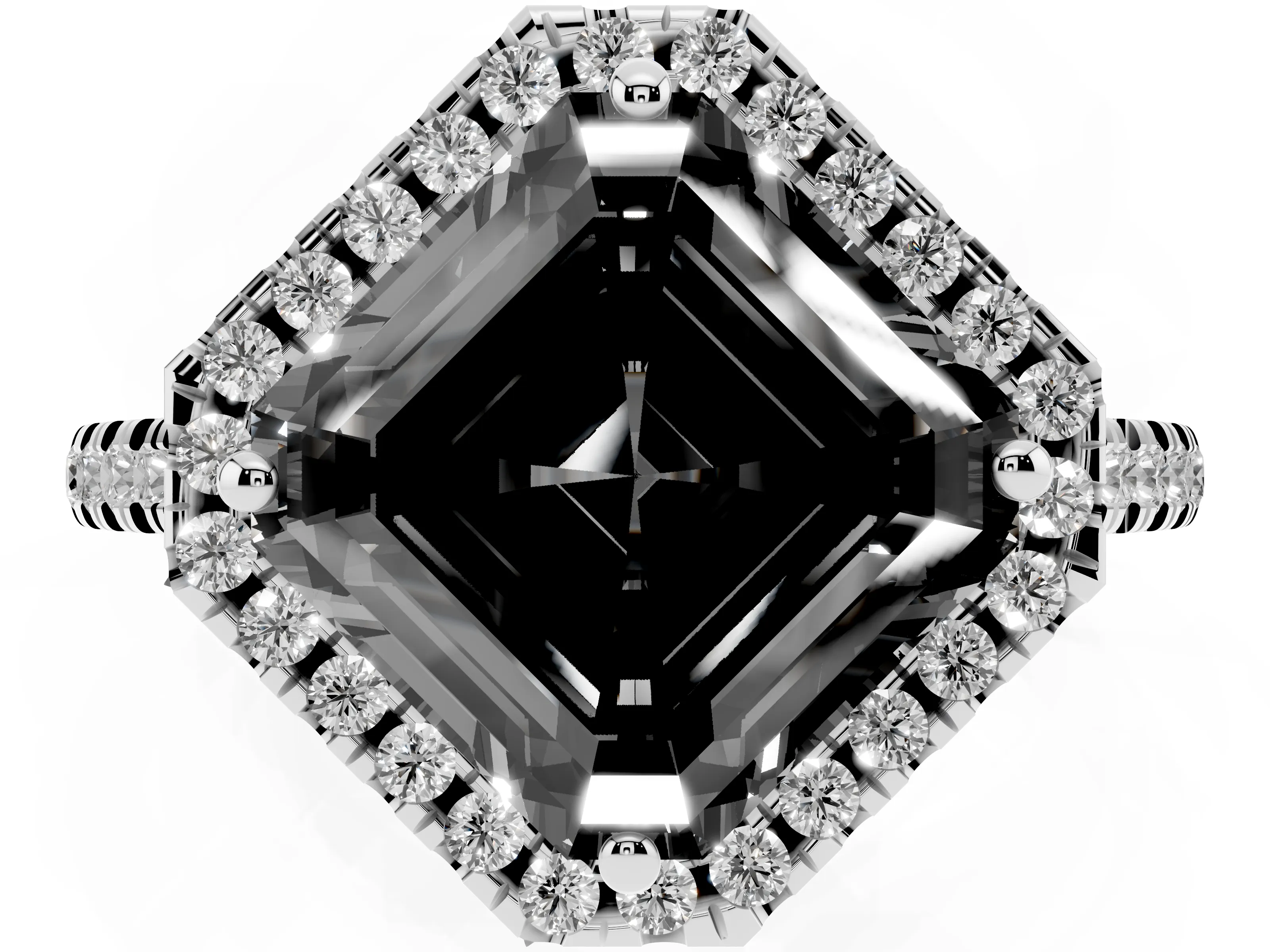 Fancy Black Asscher Cut Diamond Cushion Halo Ring Set in Silver with Pavé Band