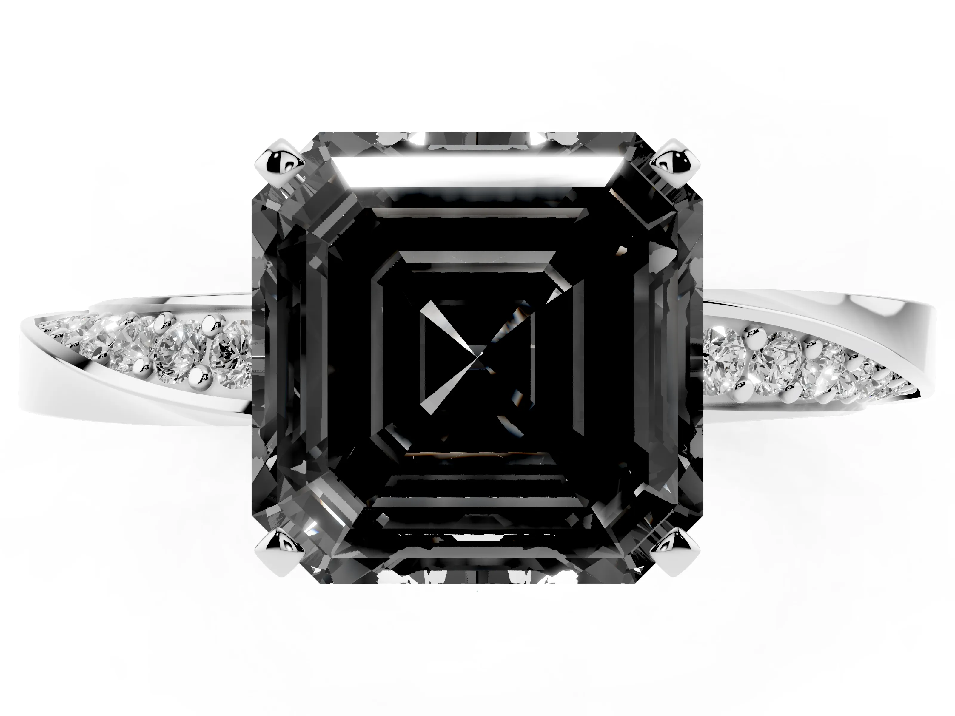 Fancy Black Asscher Cut Diamond Engagement Ring Set in White gold with Side Stone Accents and Prong Setting
