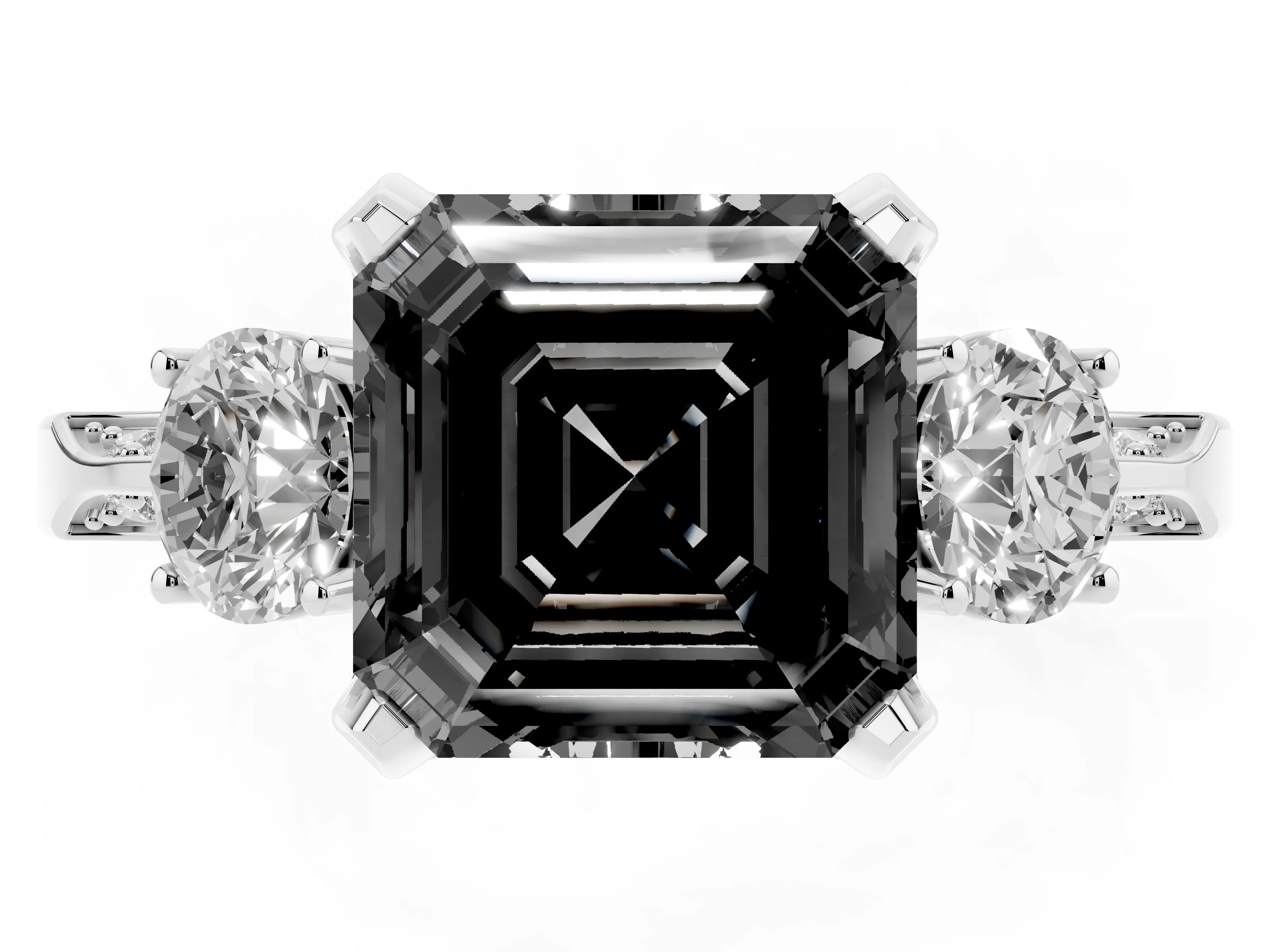 Fancy Black Asscher Cut Diamond Three-Stone Ring Set in Silver with Pavé Band and Smaller Side Stones
