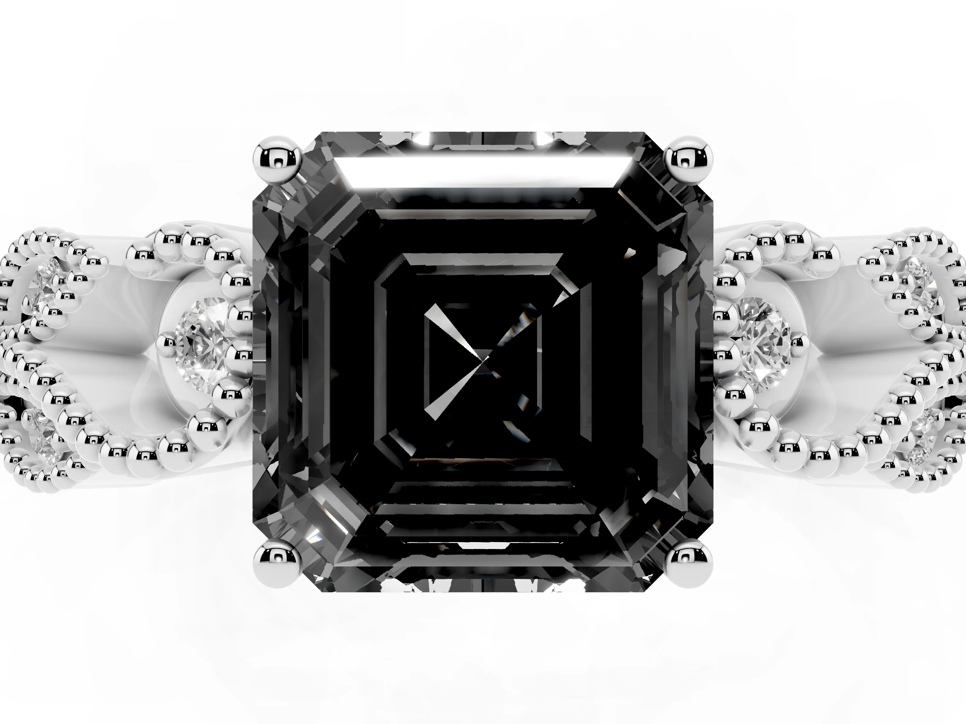 Fancy Black Asscher Cut Diamond Milgrain Leaf Band Solitaire Ring Set in White gold with Accent Stones and Prong Setting