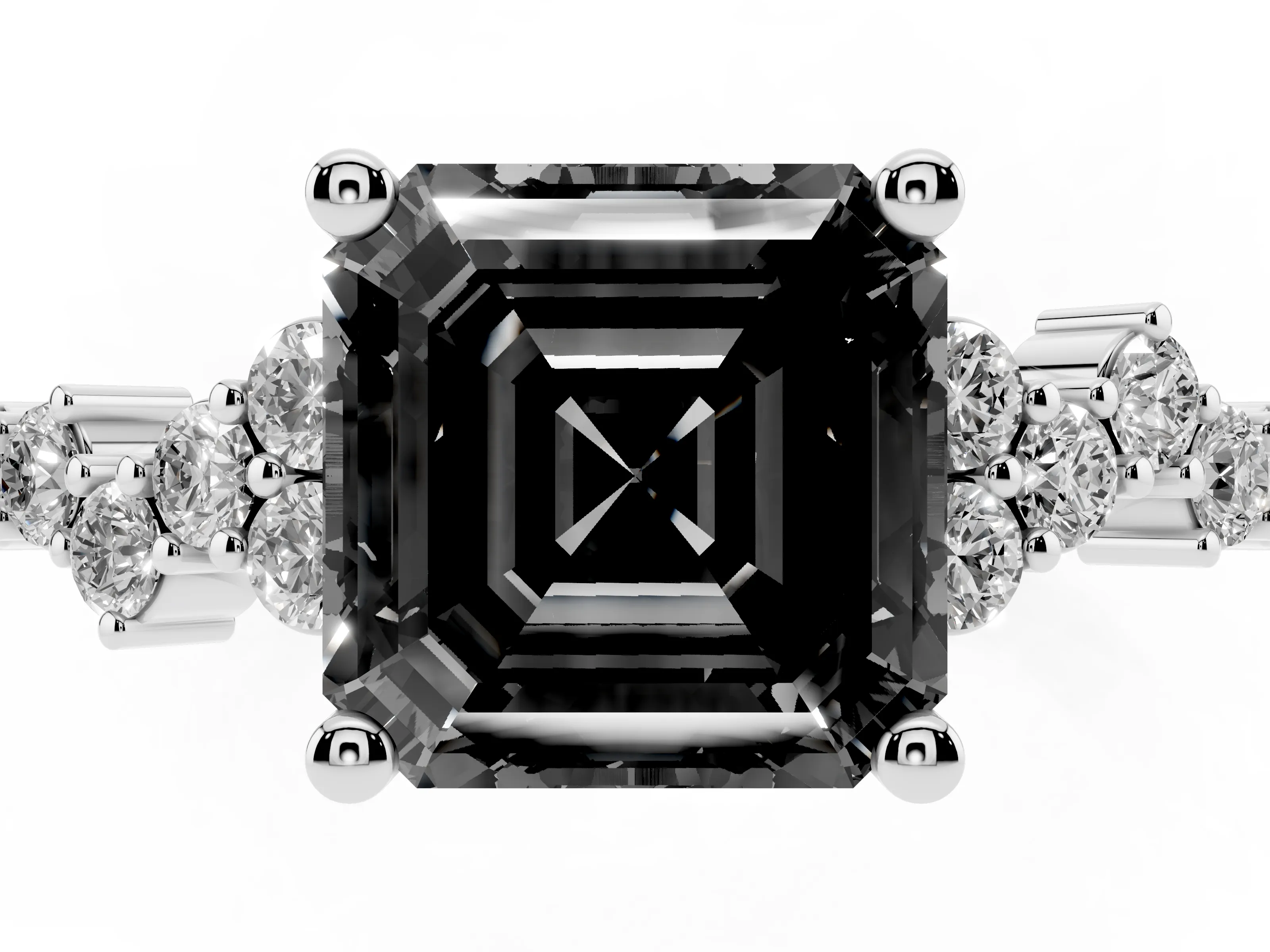 Fancy Black Asscher Cut Diamond Ring Set in Silver with Scattered Round Accents