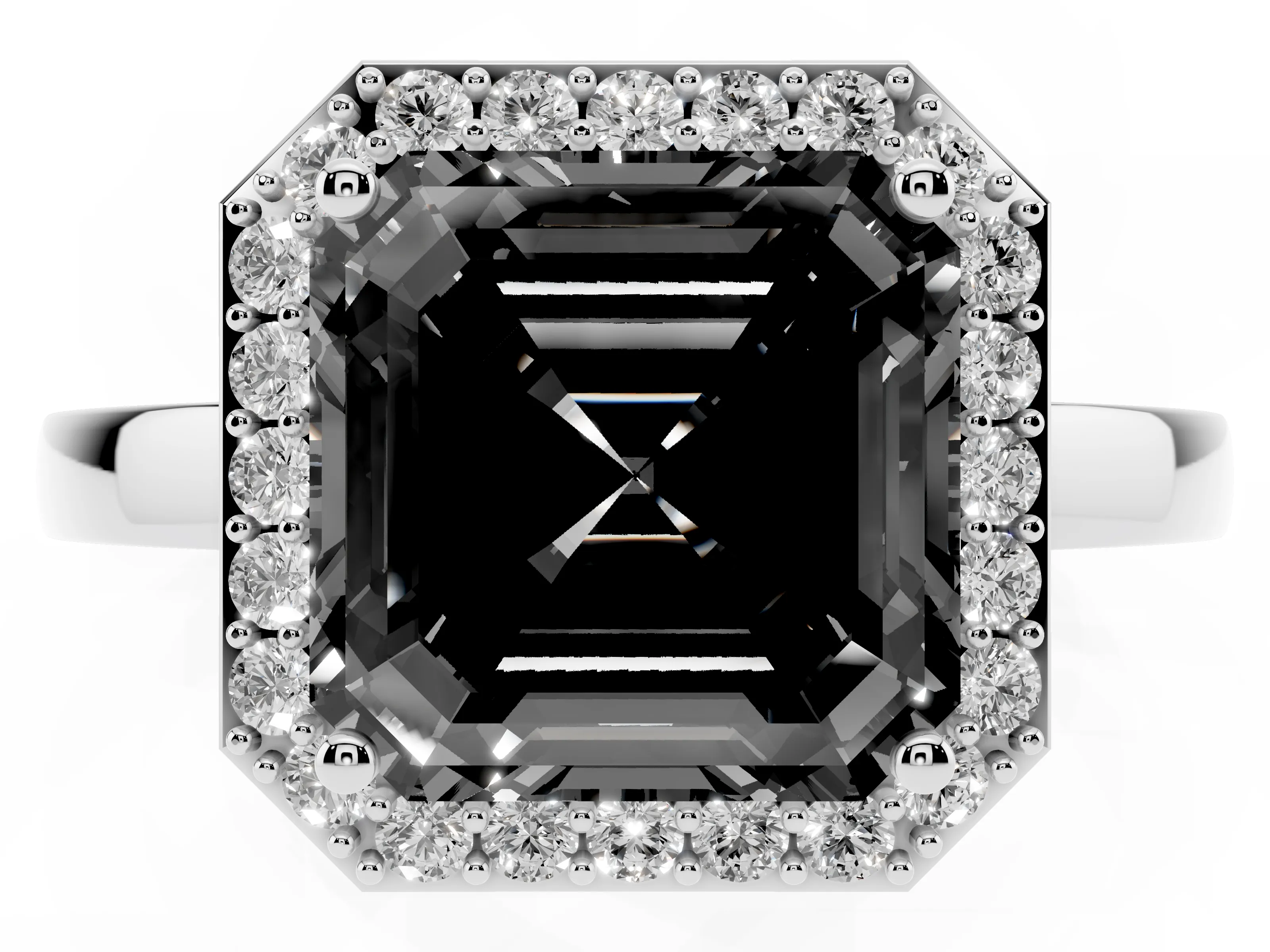Fancy Black Asscher Cut Diamond Halo Ring Set in White gold with Solitaire Band and Prong Setting