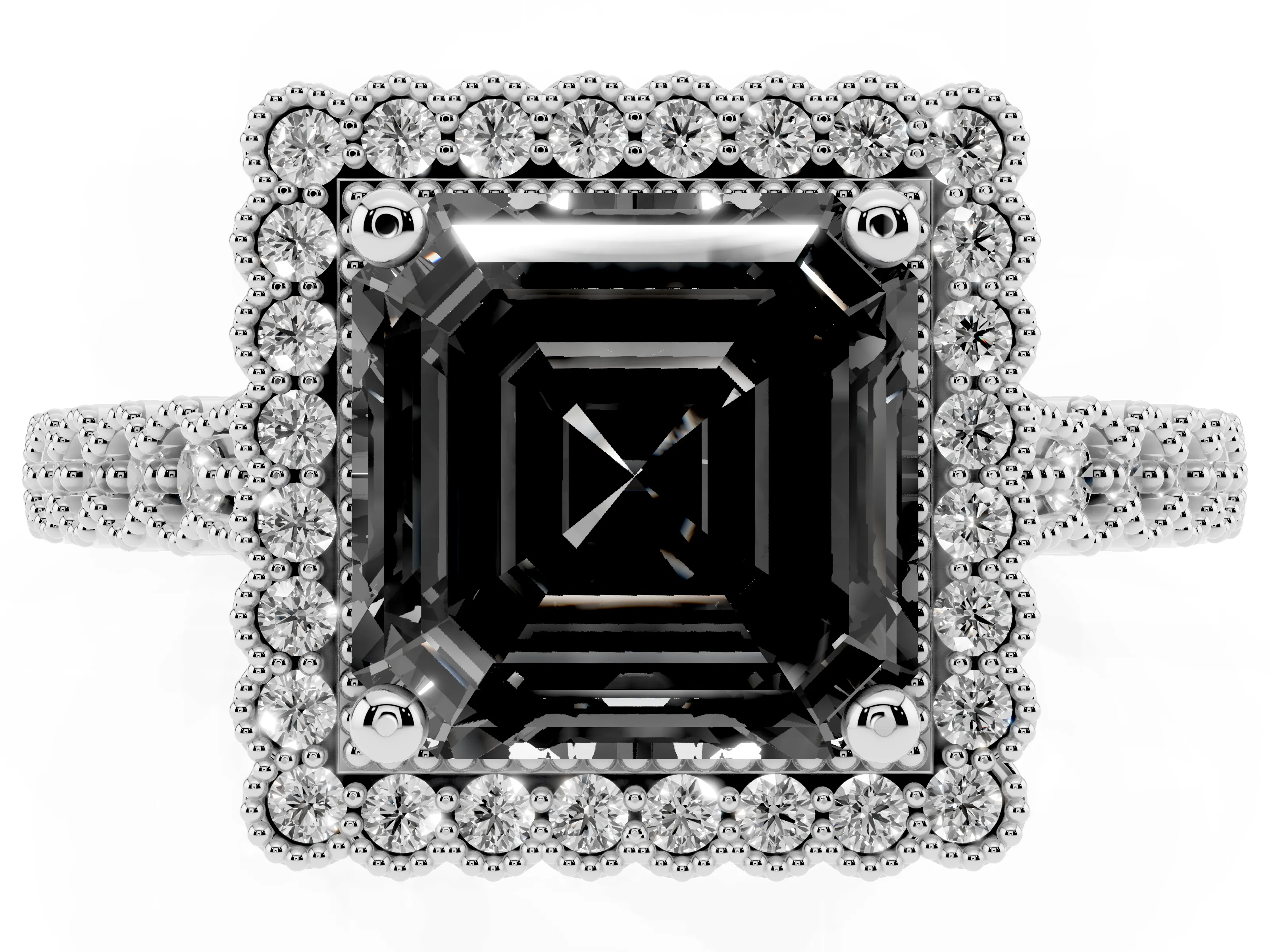 Fancy Black Asscher Cut Diamond Halo Ring Set in Platinum with Pavé Milgrain Band