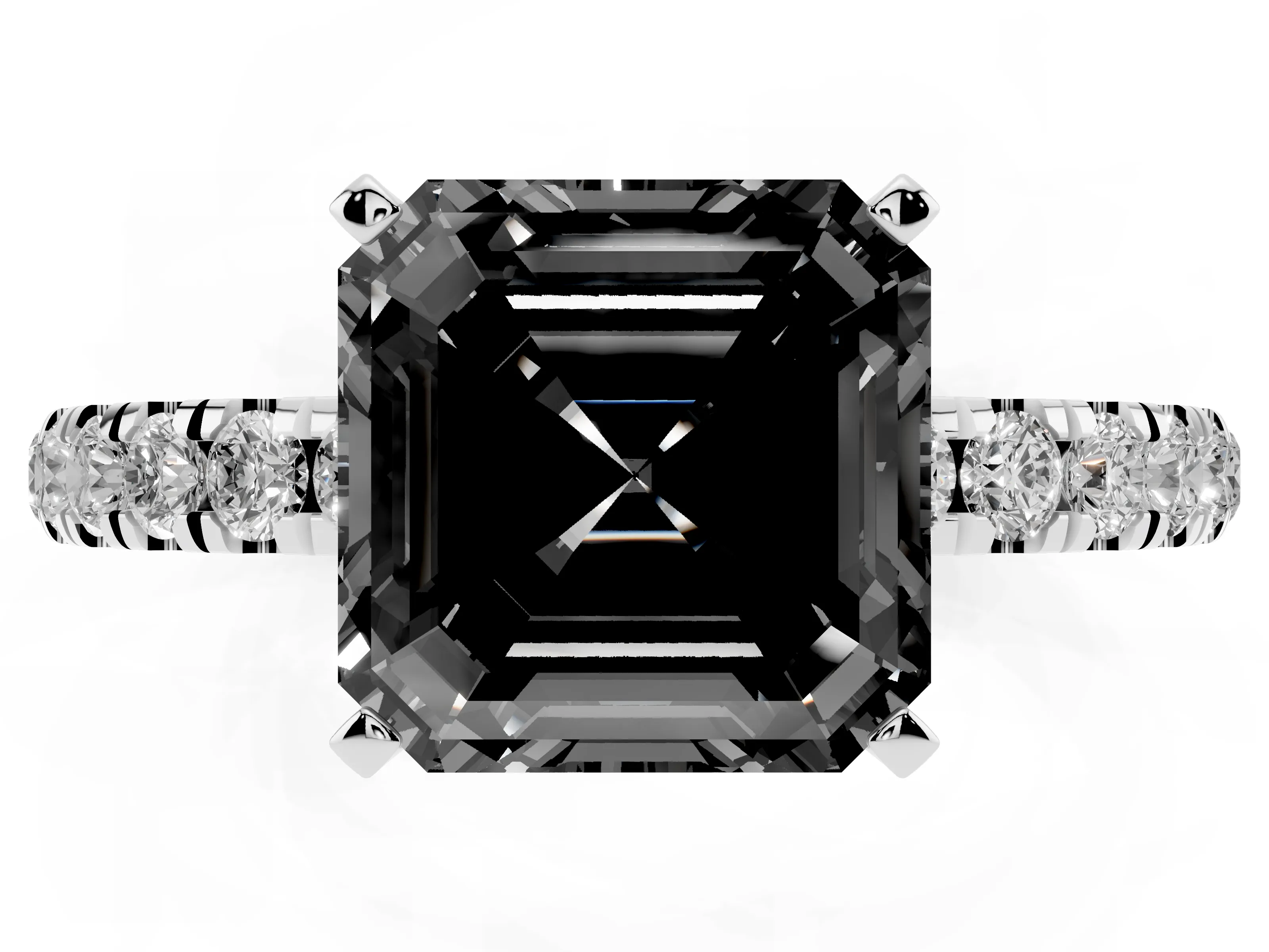 Fancy Black Asscher Cut Diamond Solitaire Ring Set in Silver with Pavé Accents and Prong Setting