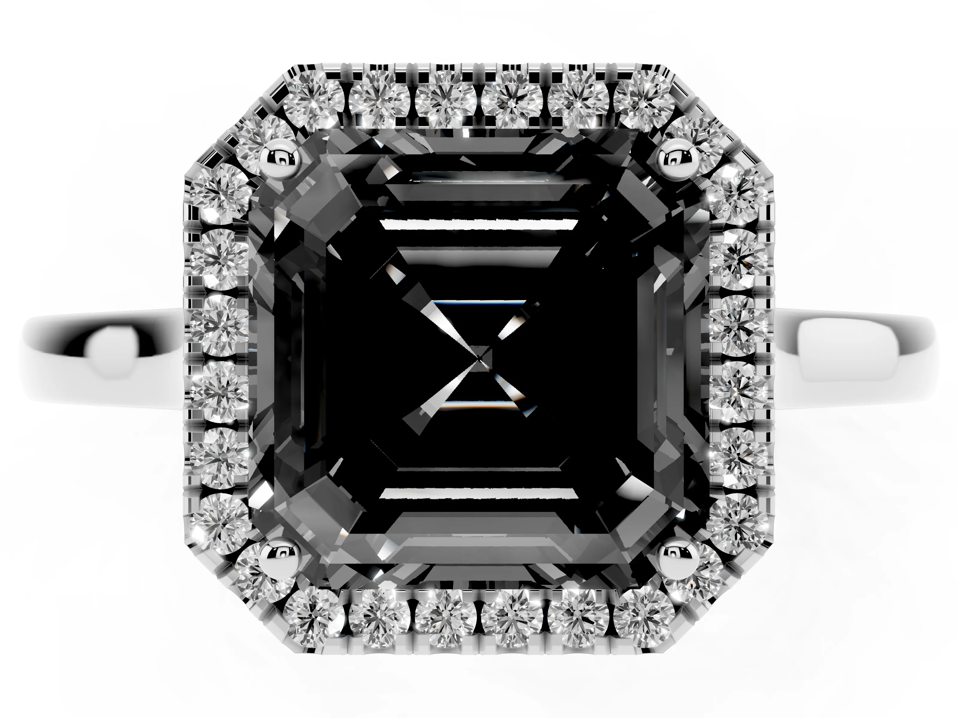 Fancy Black Asscher Cut Halo Round Diamond Solitaire Ring Set in Platinum with Pavé Band and Prong Setting