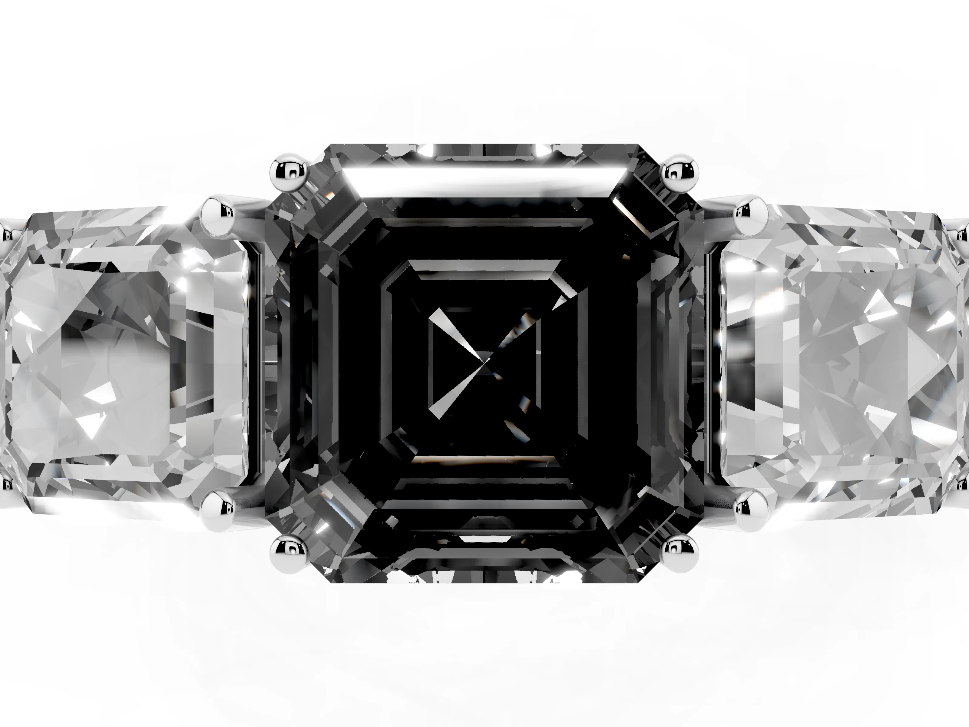 Fancy Black Asscher Cut Diamond Three-Stone Engagement Ring Set in Silver with Milgrain Pavé Band