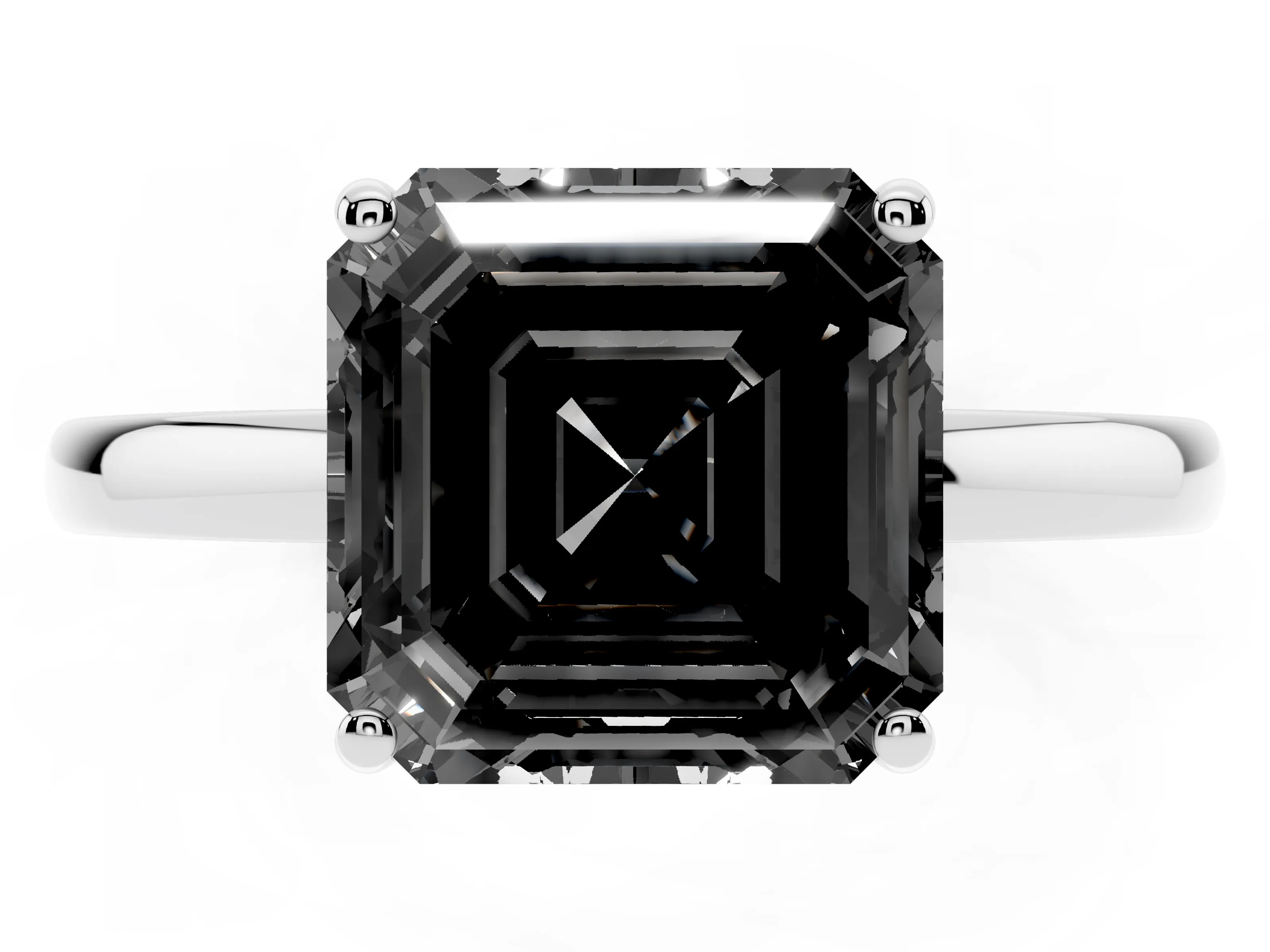 Fancy Black Asscher Cut Diamond Solitaire Ring Set in Silver with Plain Band and Prong Setting
