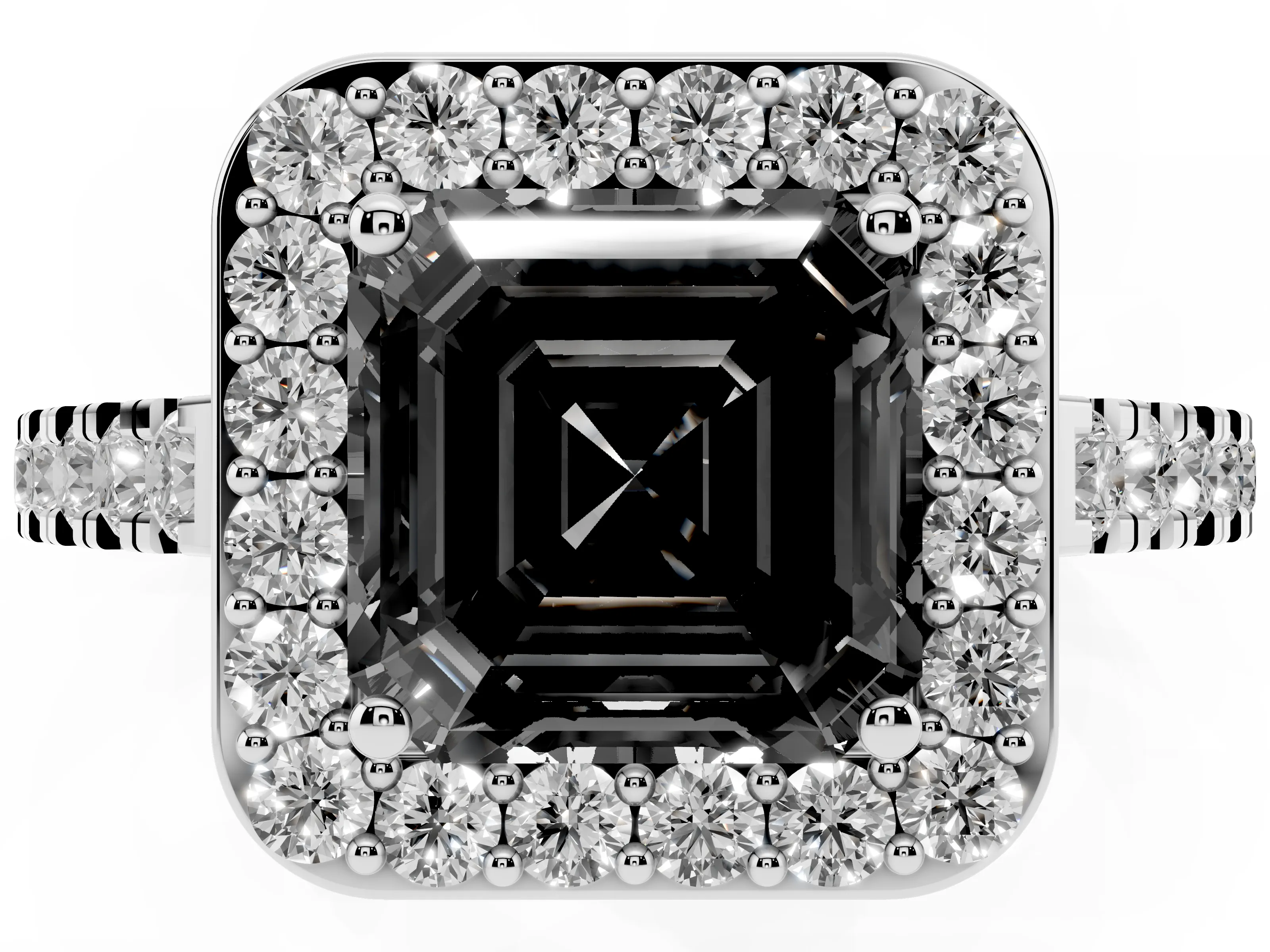 Fancy Black Asscher Cut Diamond Halo Ring Set in Silver with Round Pavé Split Shank and Prong Setting