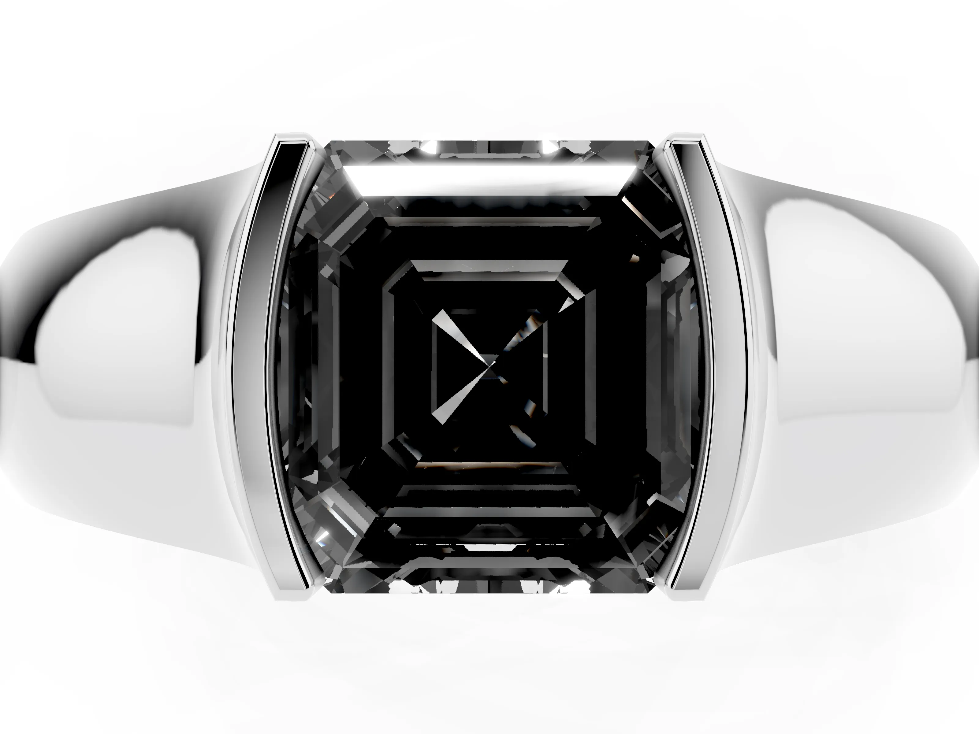 Fancy Black Asscher Cut Diamond Bezel Solitaire Ring Set in White gold with Wide Band