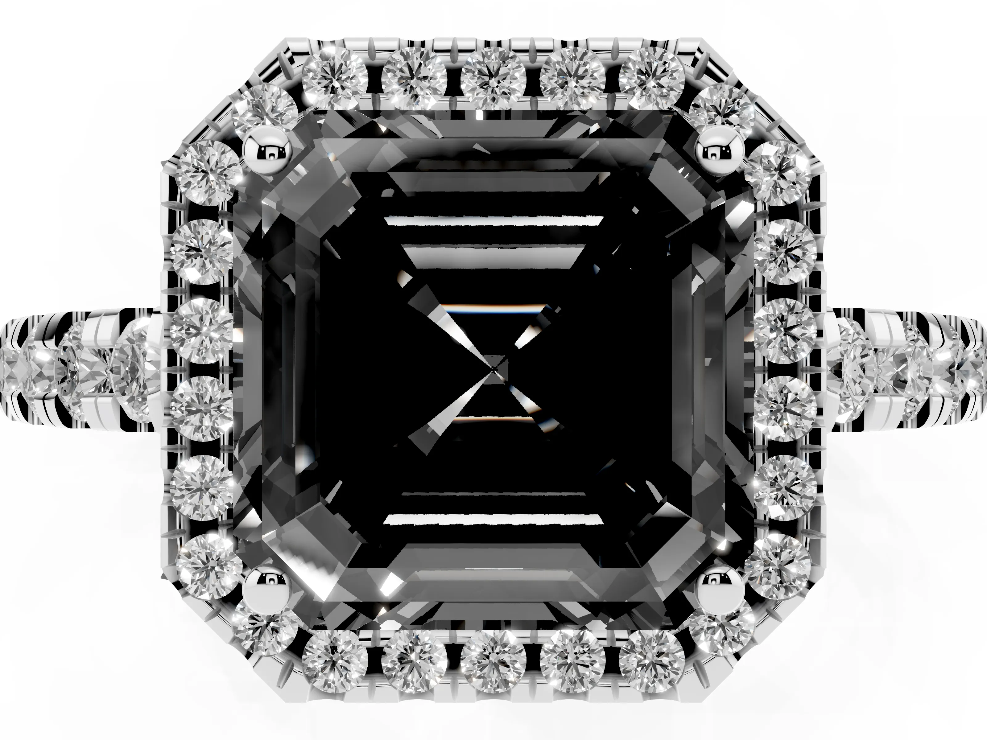 Fancy Black Asscher Cut Diamond Halo Ring Set in Platinum with Delicate Pavé Band and Prong Setting