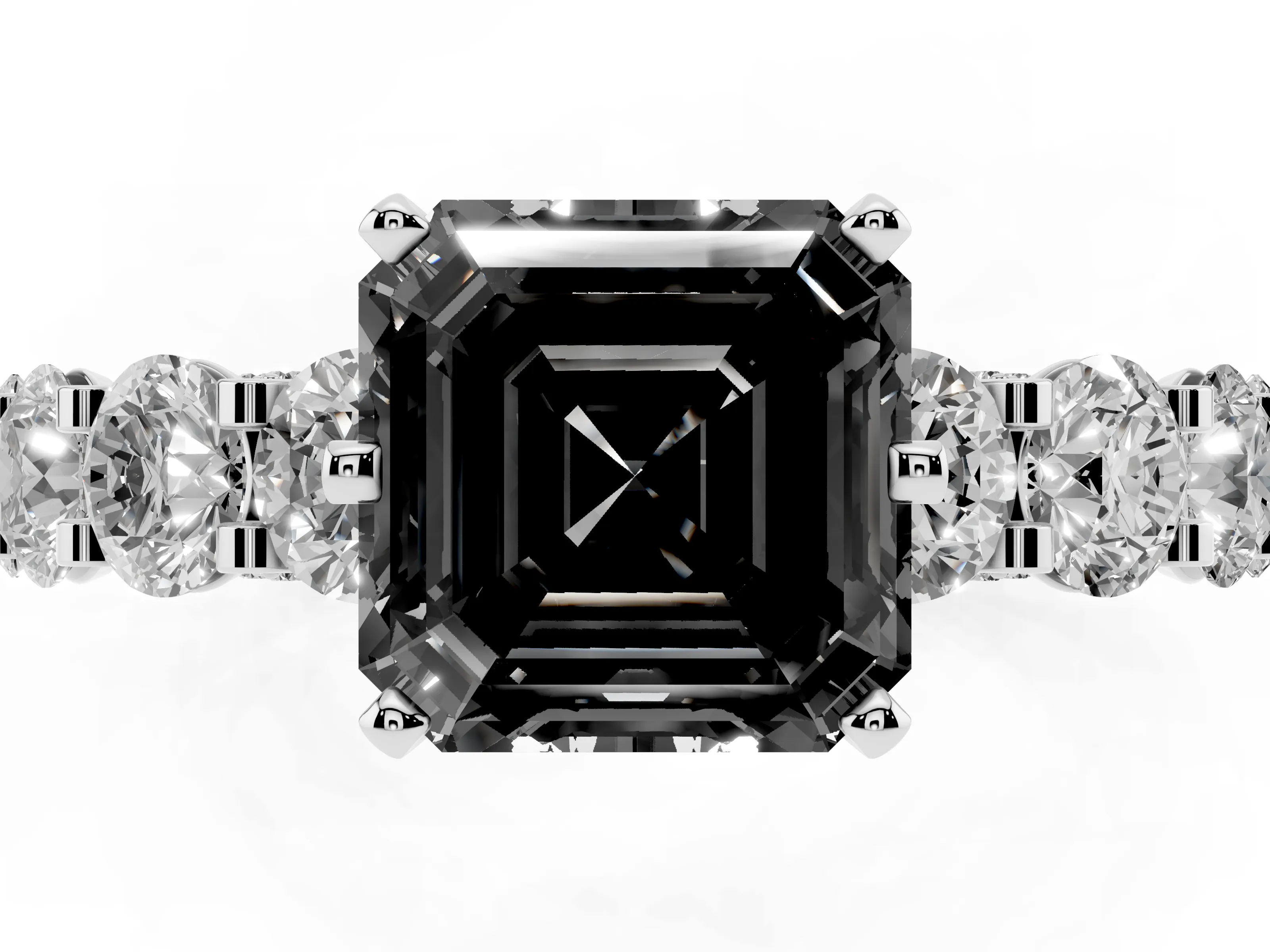 Fancy Black Asscher Cut Diamond Side Stone Ring Set in Silver with Alternating Round and Oval Side Stones