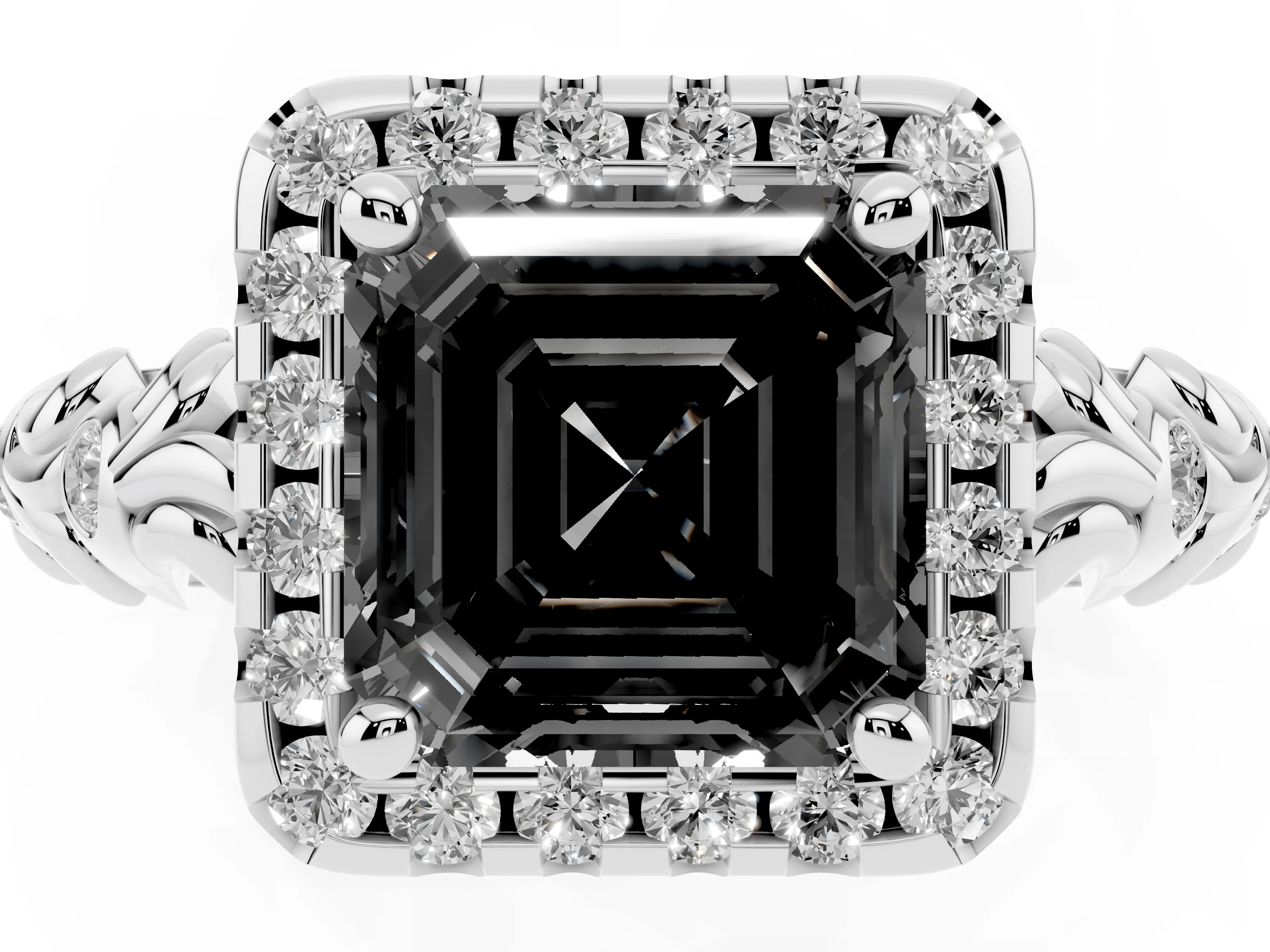 Fancy Black Asscher Cut Diamond Halo Ring Set in Silver with Filigree Leaf Band and Prong Setting