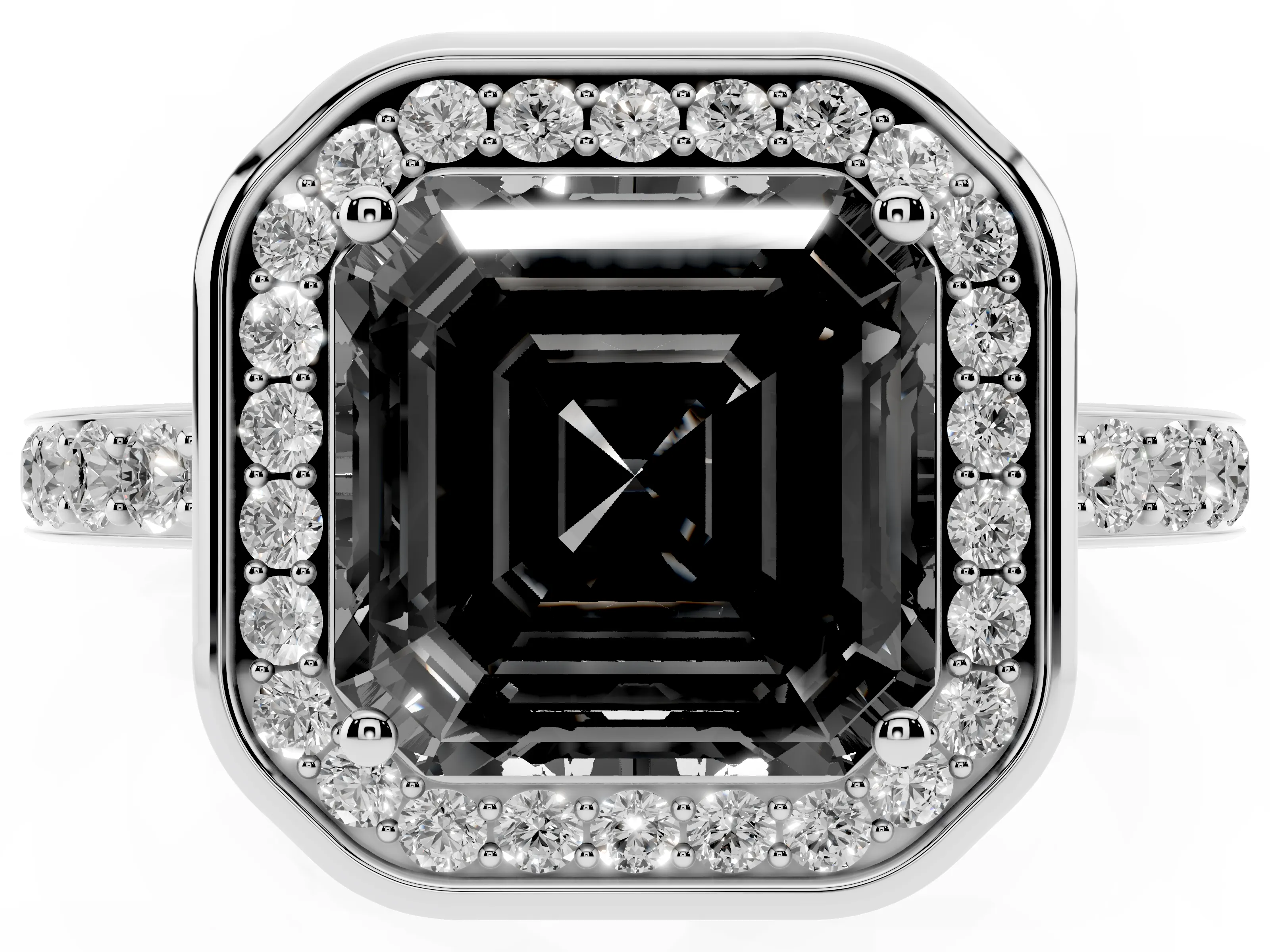 Fancy Black Asscher Cut Diamond Halo Ring Set in Silver with Bezel Frame and Pavé Band