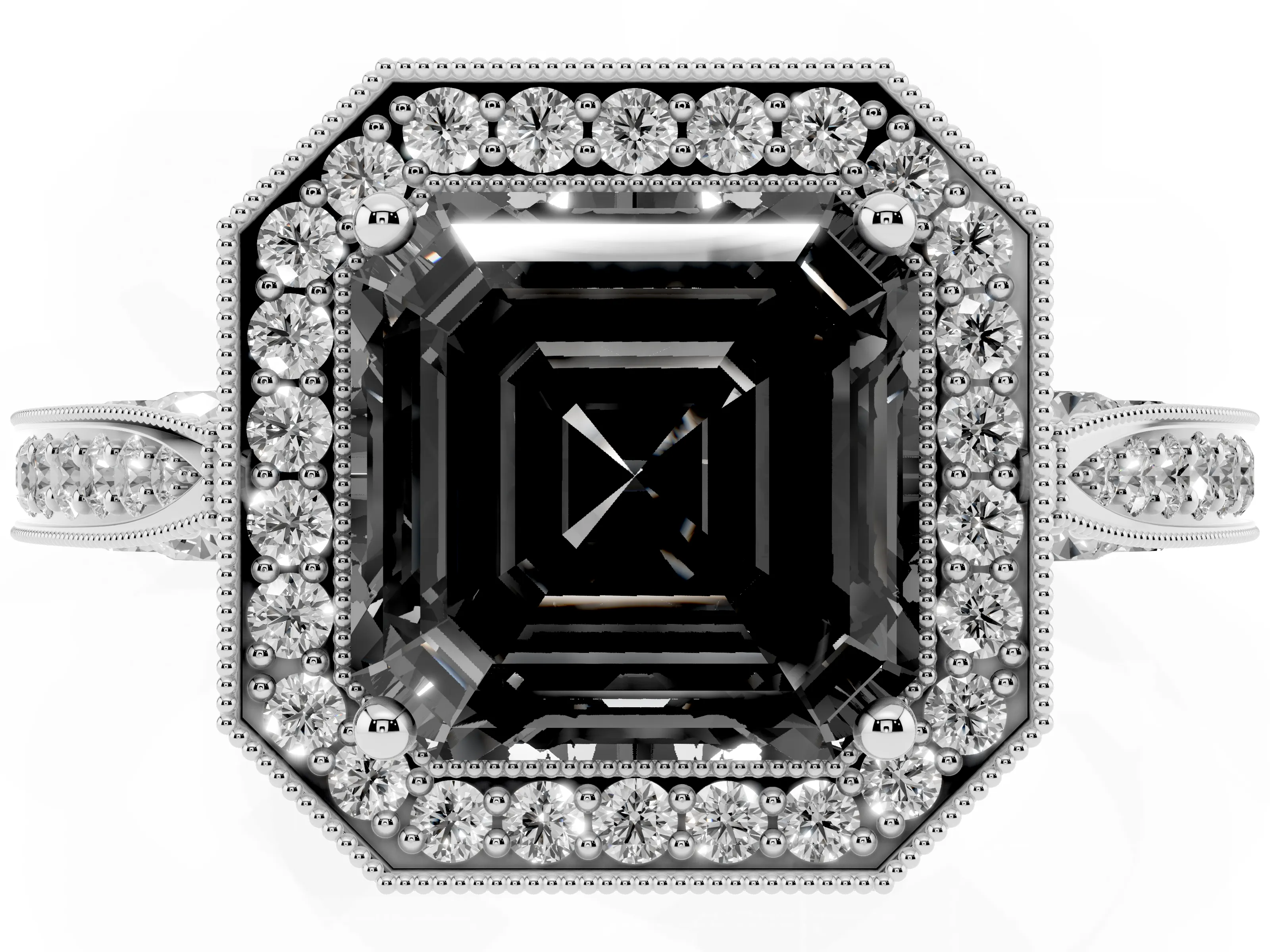 Fancy Black Asscher Cut Diamond Halo Engagement Ring Set in Platinum with Accent Split Shank Band