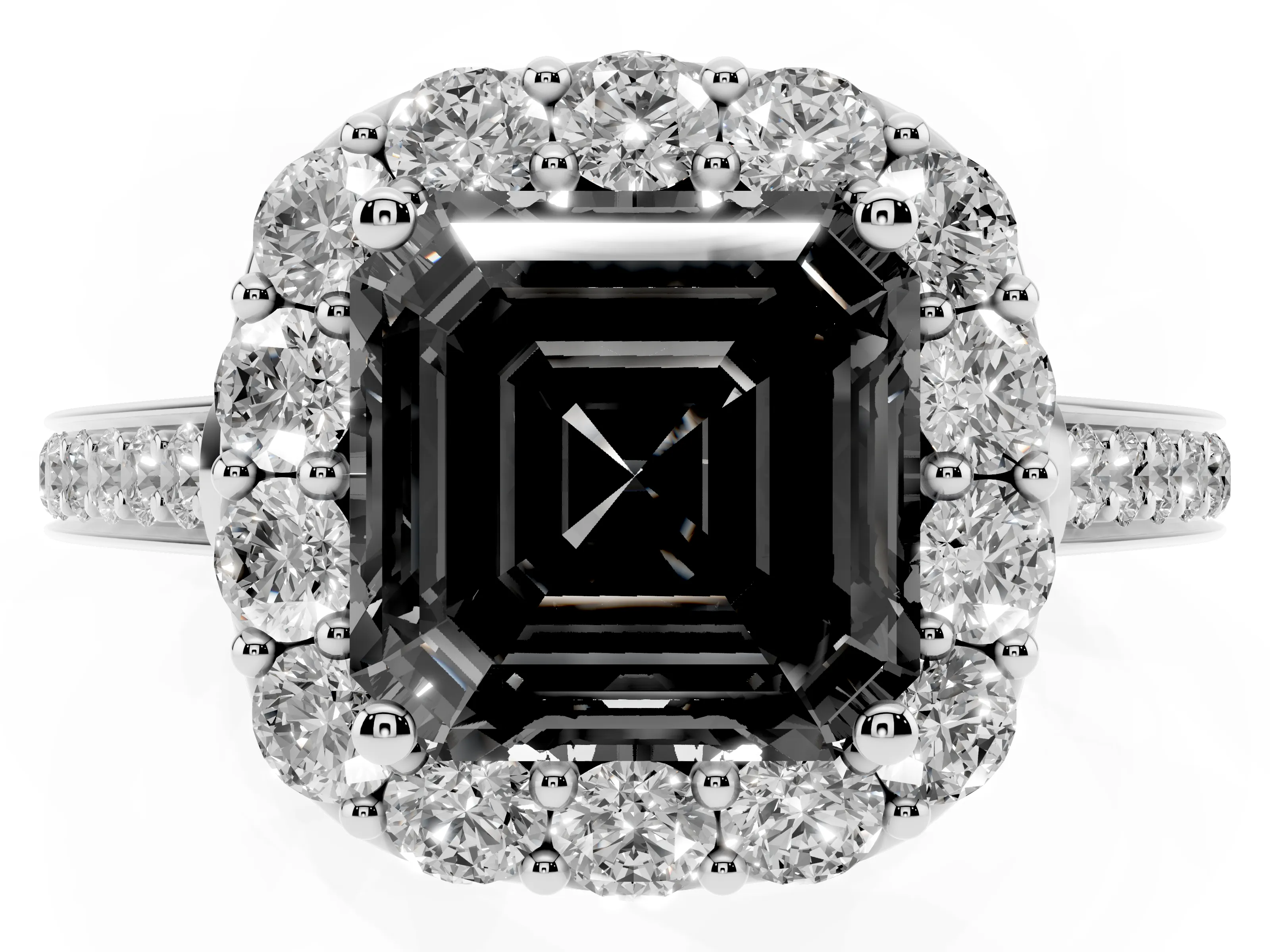 Fancy Black Asscher Cut Diamond Floral Halo Ring Set in Silver with Pavé Band and Prong Setting